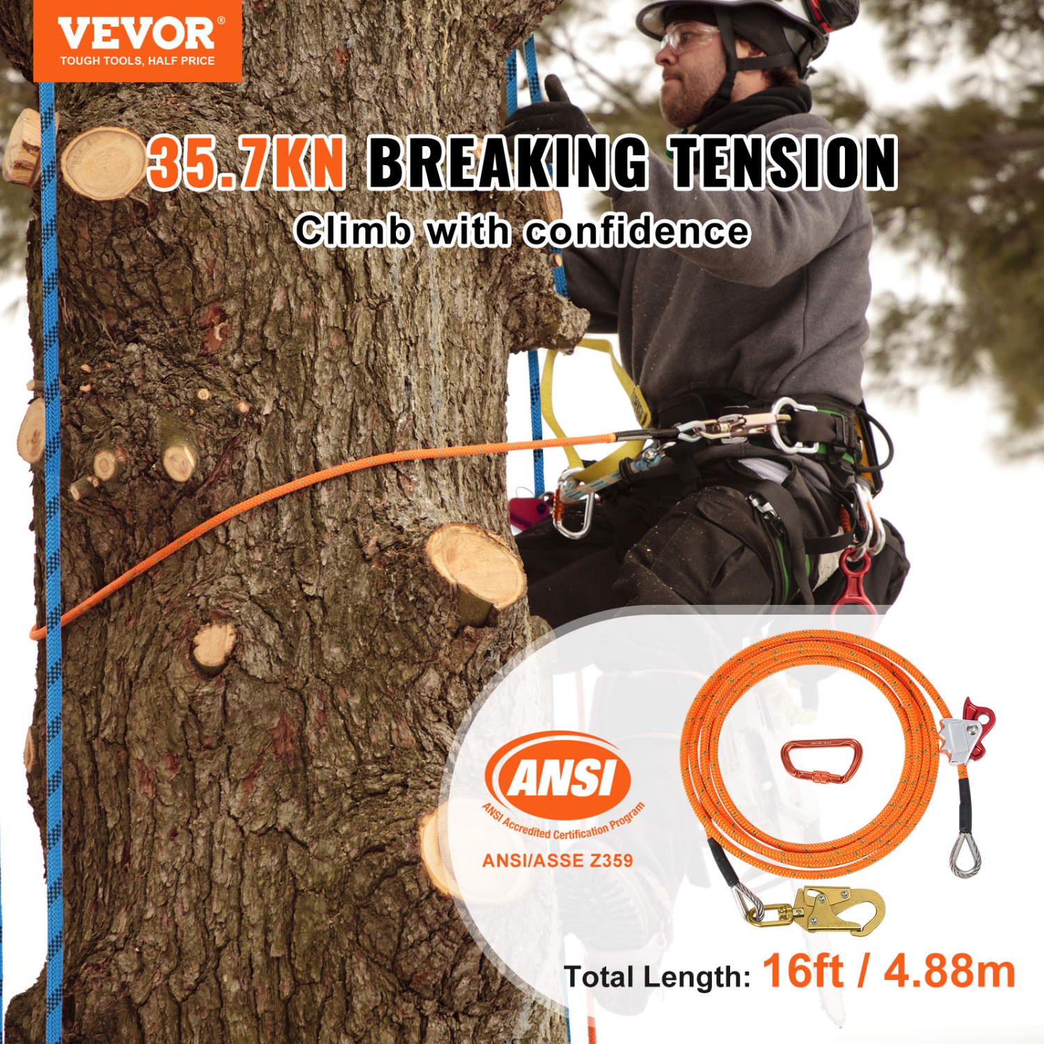 VEVOR 16ft(4.8m) 12.7mm Steel Core Flipline, Arborist Flipline for Tree Climbing with Alloy Steel Snap Hook & Aluminum Alloy Carabiner, 30KN Breaking