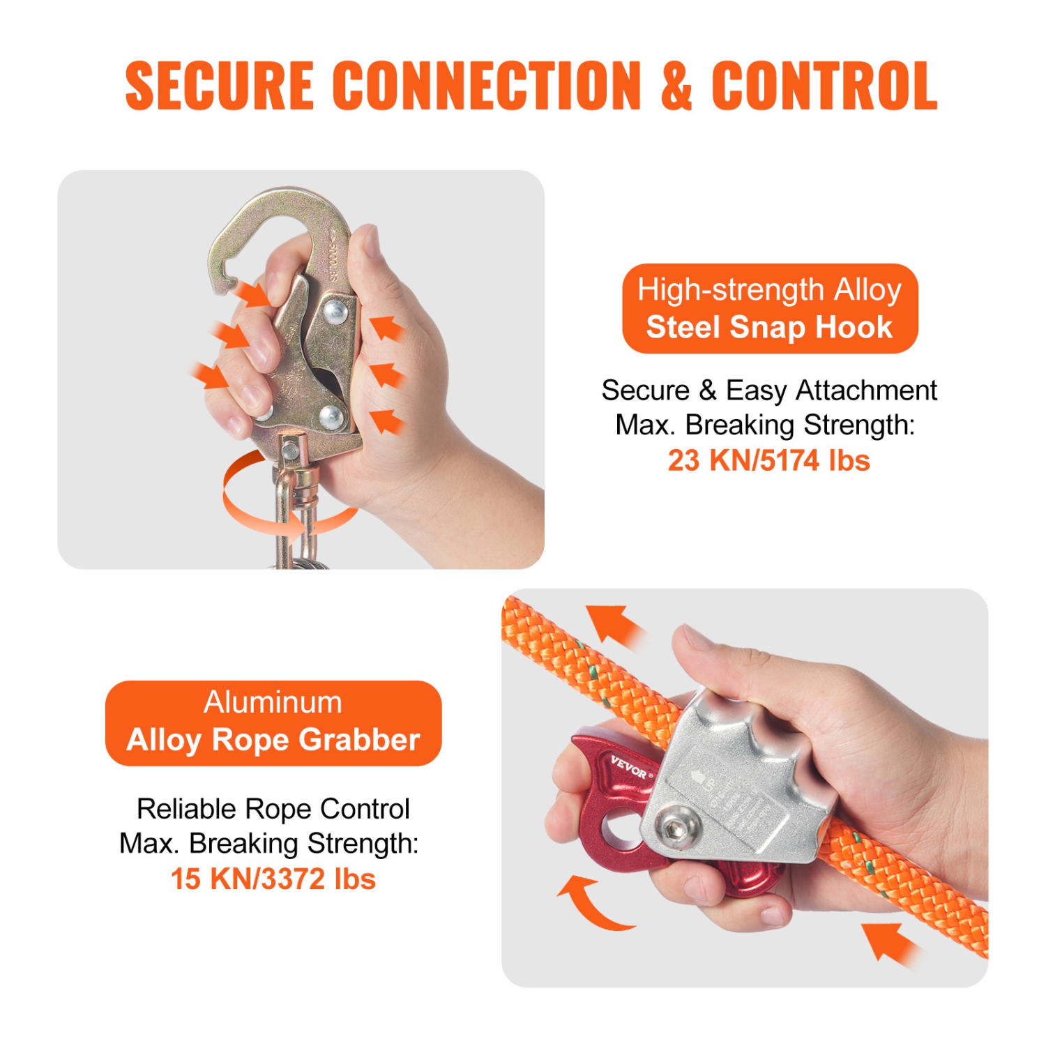 VEVOR 16ft(4.8m) 12.7mm Steel Core Flipline, Arborist Flipline for Tree Climbing with Alloy Steel Snap Hook & Aluminum Alloy Carabiner, 30KN Breaking