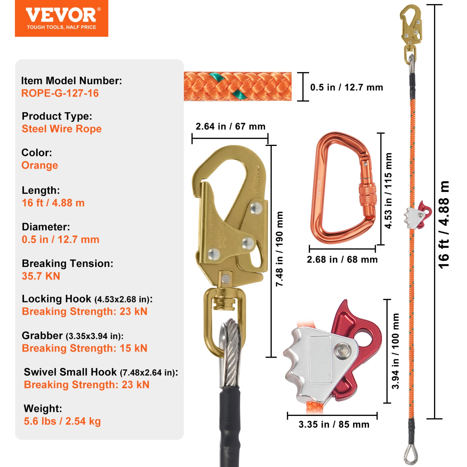 VEVOR 16ft(4.8m) 12.7mm Steel Core Flipline, Arborist Flipline for Tree Climbing with Alloy Steel Snap Hook & Aluminum Alloy Carabiner, 30KN Breaking