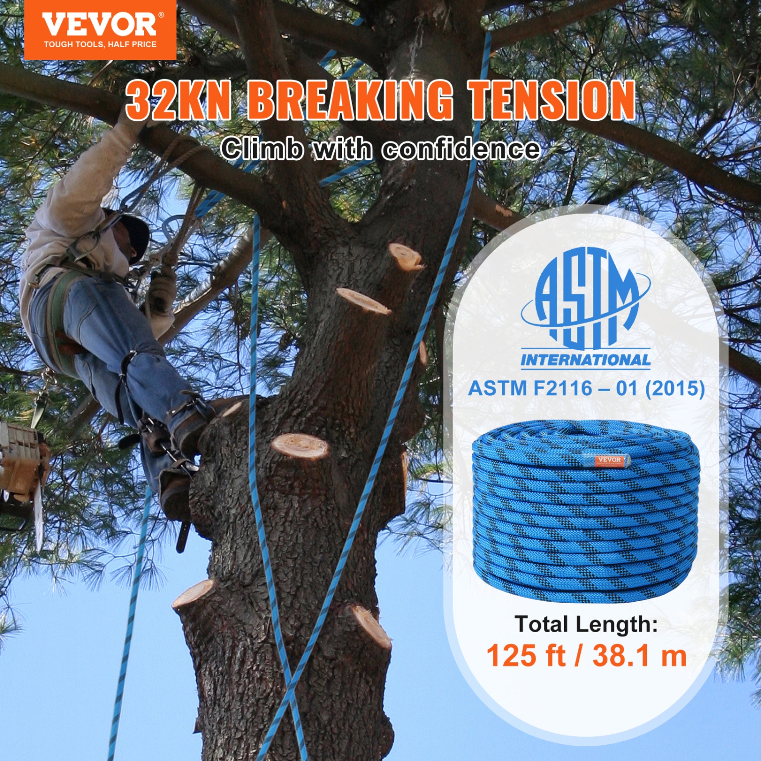 VEVOR 38M(125ft),12.7mm Static Climbing Rope, Outdoor Rock Climbing Rope 30KN Breaking Tension, Fiber Rope with Steel Snap Hooks for Escape,