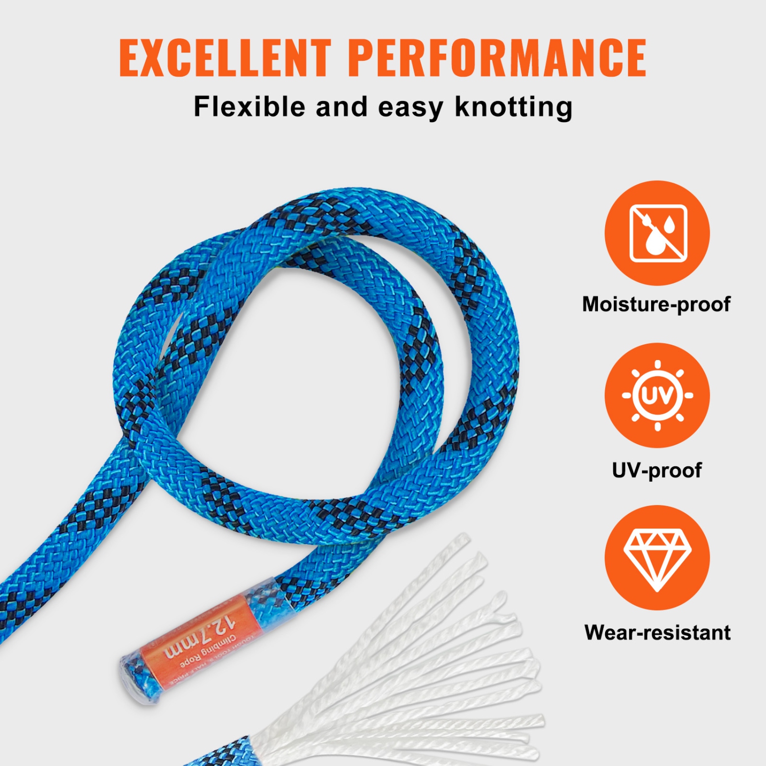VEVOR 38M(125ft),12.7mm Static Climbing Rope, Outdoor Rock Climbing Rope 30KN Breaking Tension, Fiber Rope with Steel Snap Hooks for Escape,
