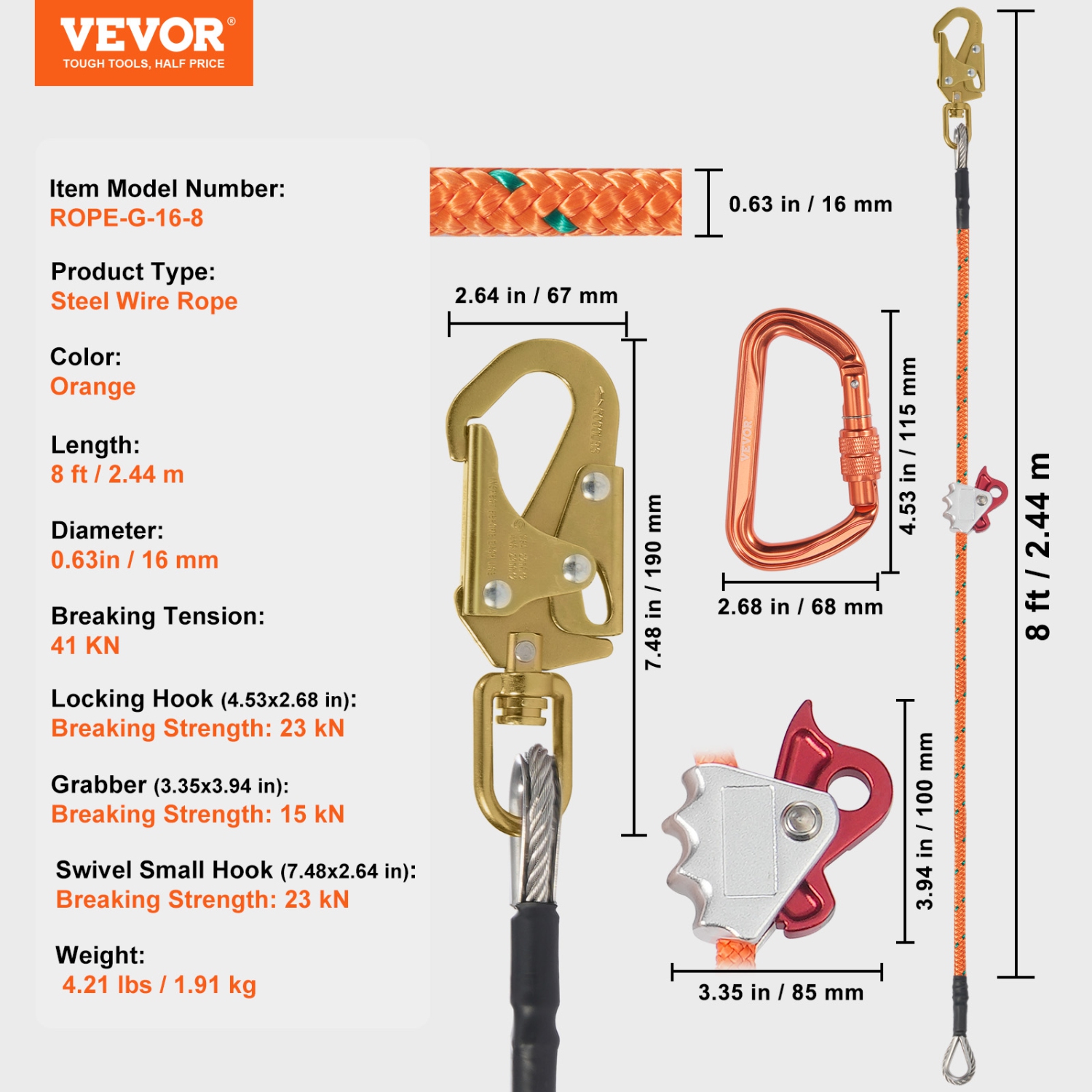 VEVOR 8ft(2.4m) 16mm Steel Core Flipline, Arborist Flipline, Flip Line for Tree Climbing with Alloy Steel Snap Hook & Aluminum Alloy Carabiner, 30KN