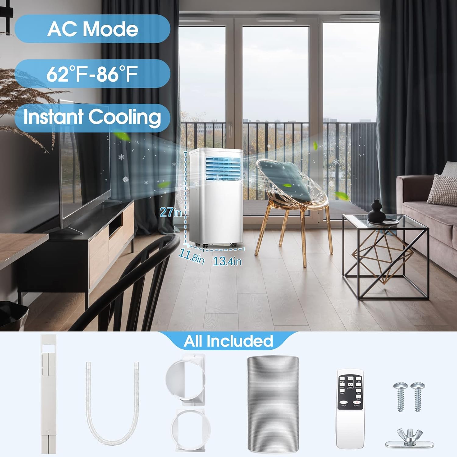 ZAFRO 8,000 BTU Portable Air Conditioner with Remote Control, Portable AC Unit for Room Up to 350 Sq.Ft, 3-in-1 Air Conditioner with Digital