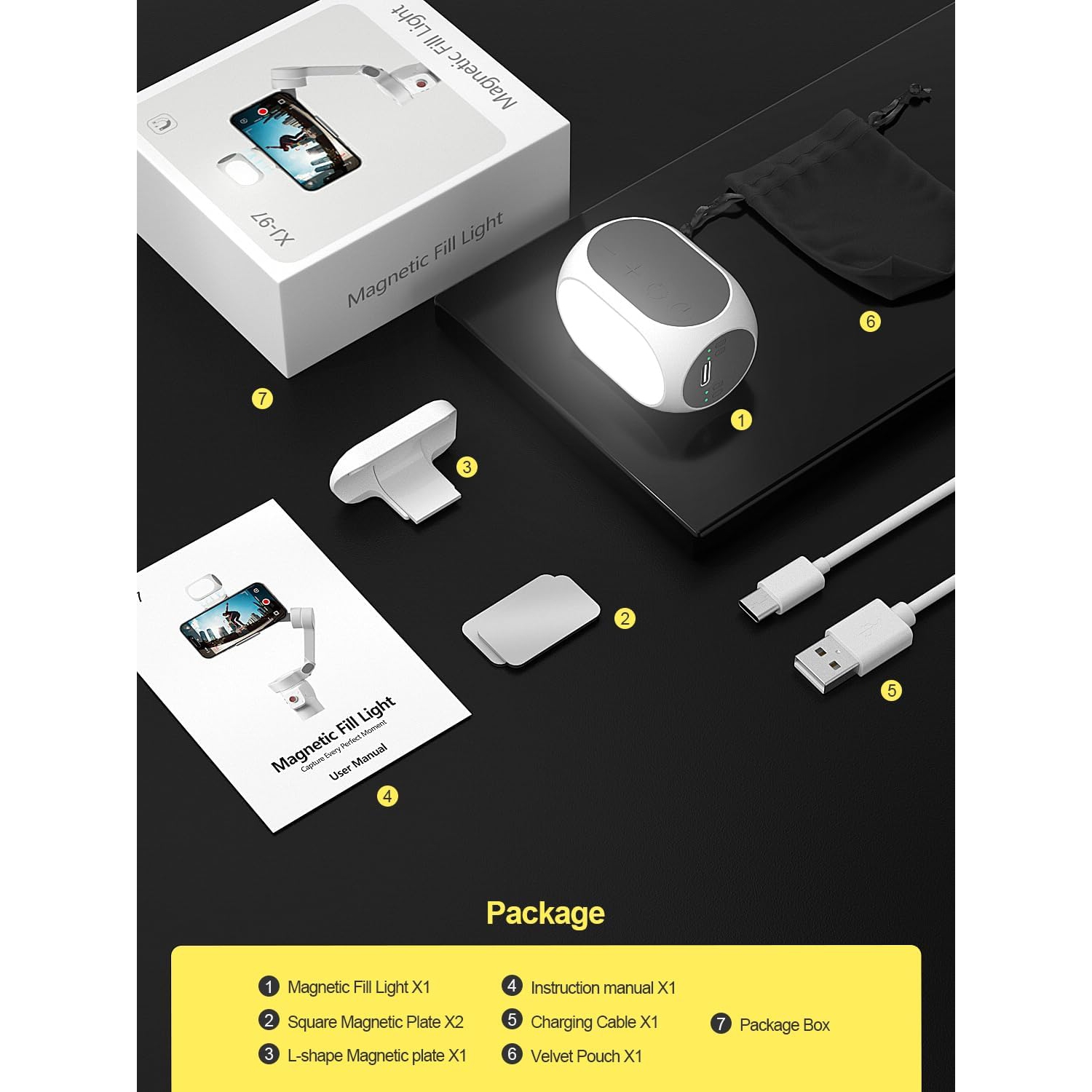 Magnetic Selfie Light for DJI Gimbal, Camera & Metal Surfaces - USB-C Rechargeable, 3 Light Modes, 10 Brightness Levels, Compact Photography Lighting