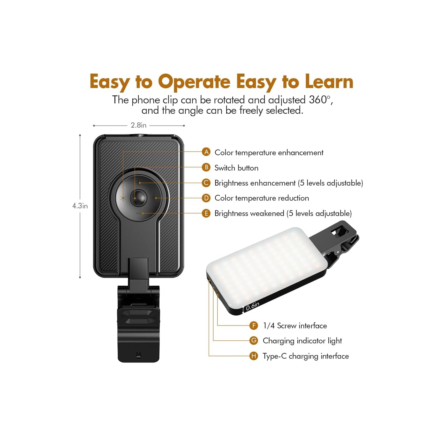 Selfie Light for iPhone,Portable Phone Clip on Light,Rechargeable LED Ring Light for Phone,Video Recording,Camera,Laptop,Vlog,Computer,5 Lighting