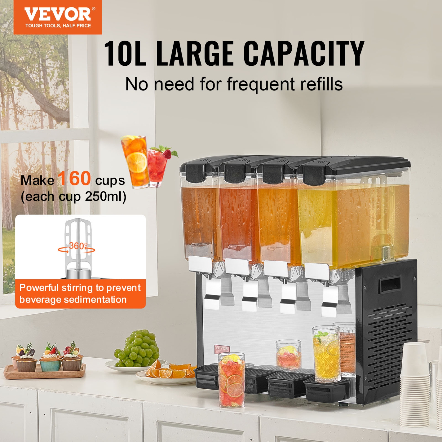 VEVOR 4 Tanks Commercial Beverage Dispenser, 10 L / 10.6 QT Per Tank Juice Dispenser, 430W Stainless Steel Ice Tea Drink Machine with 45°F-54°F