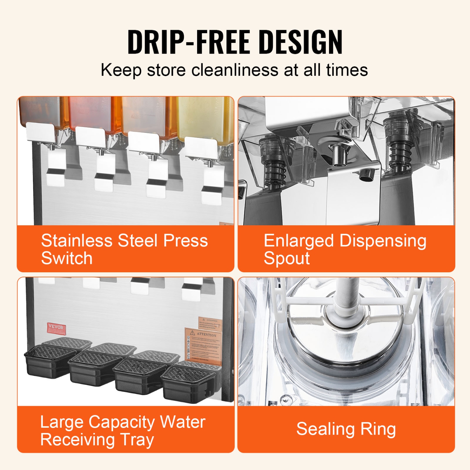 VEVOR 4 Tanks Commercial Beverage Dispenser, 10 L / 10.6 QT Per Tank Juice Dispenser, 430W Stainless Steel Ice Tea Drink Machine with 45°F-54°F