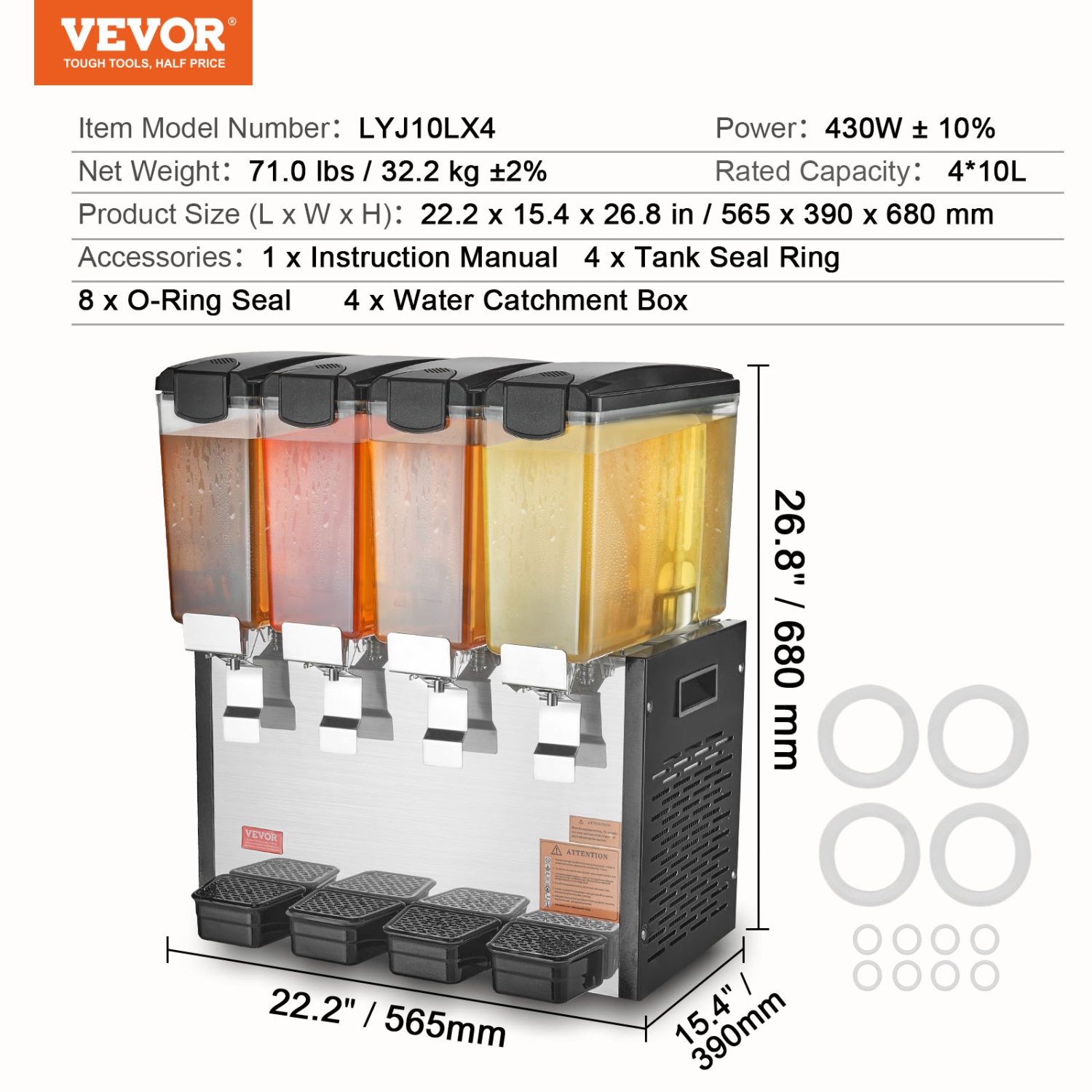 VEVOR 4 Tanks Commercial Beverage Dispenser, 10 L / 10.6 QT Per Tank Juice Dispenser, 430W Stainless Steel Ice Tea Drink Machine with 45°F-54°F