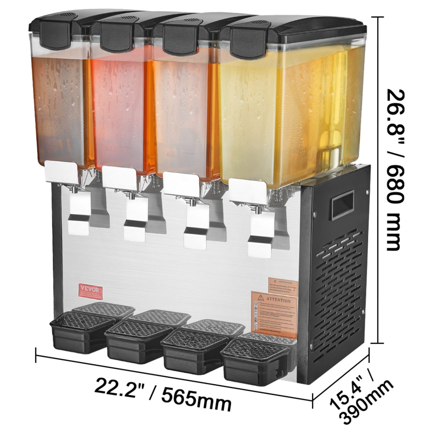 VEVOR 4 Tanks Commercial Beverage Dispenser, 10 L / 10.6 QT Per Tank Juice Dispenser, 430W Stainless Steel Ice Tea Drink Machine with 45°F-54°F