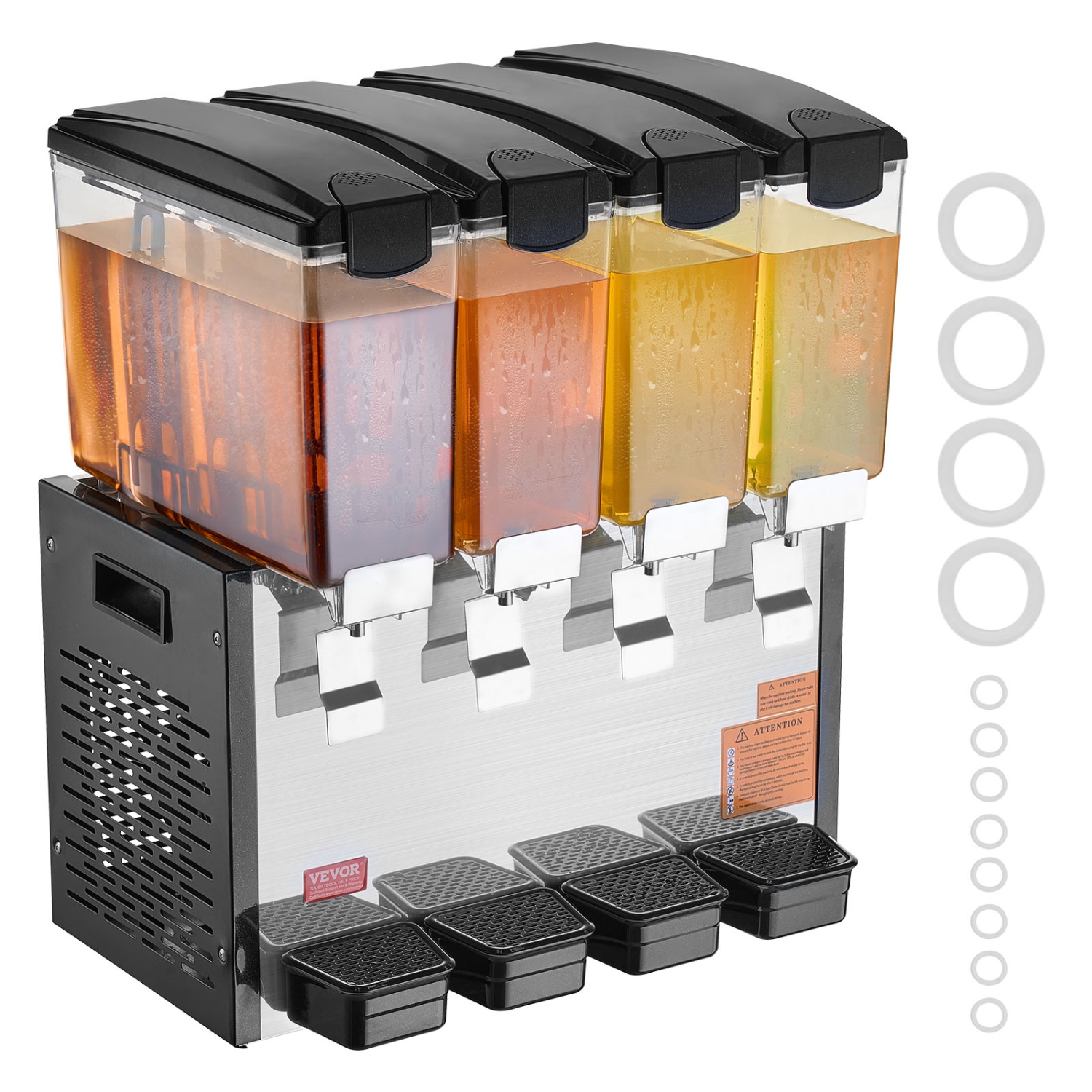 VEVOR 4 Tanks Commercial Beverage Dispenser, 10 L / 10.6 QT Per Tank Juice Dispenser, 430W Stainless Steel Ice Tea Drink Machine with 45°F-54°F