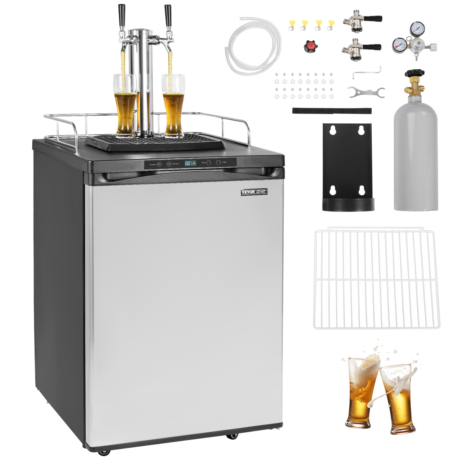 VEVOR Beer Kegerator, Dual Tap Draft Beer Dispenser, Full Size Keg Refrigerator With Shelf, CO2 Tank(No Gas), Drip Tray & Rail, 23°F- 82.4°F