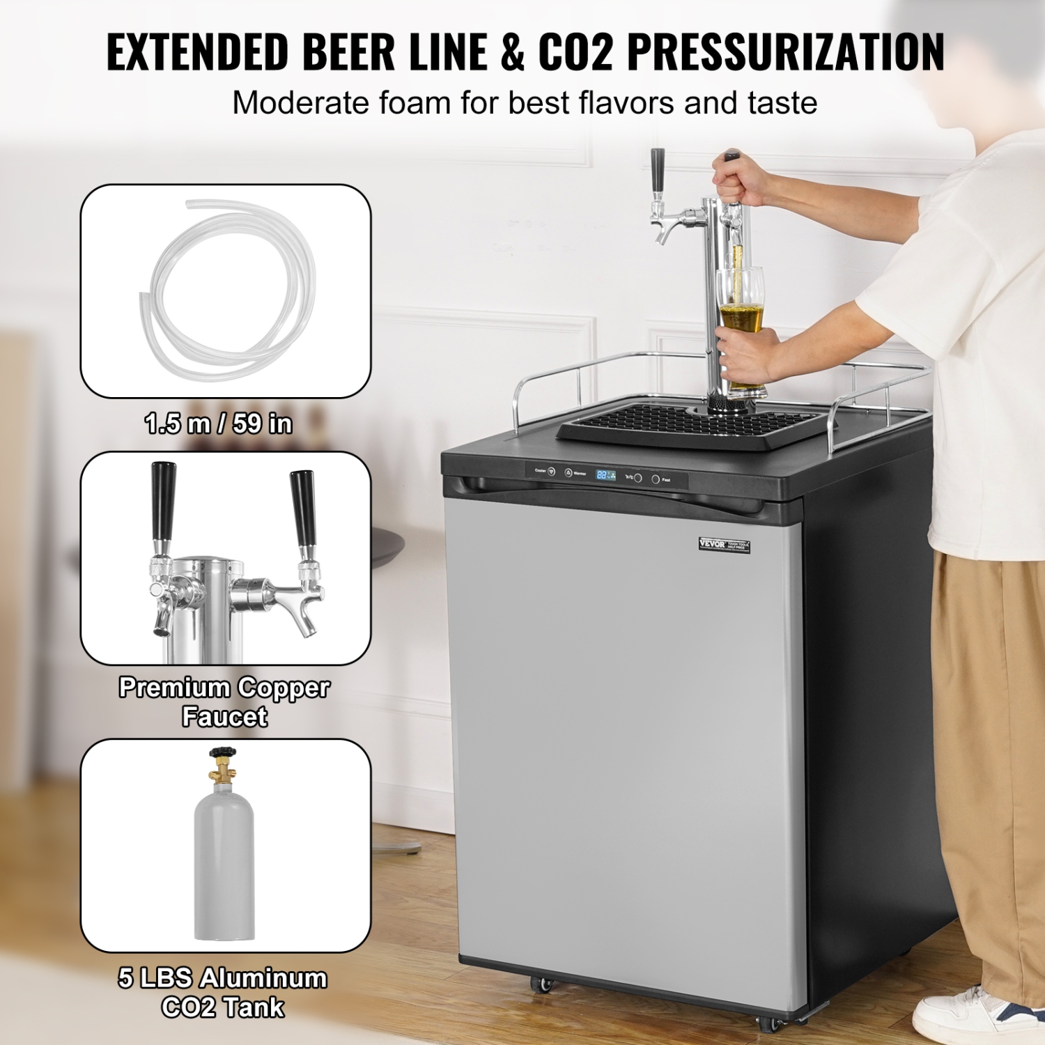 VEVOR Beer Kegerator, Dual Tap Draft Beer Dispenser, Full Size Keg Refrigerator With Shelf, CO2 Tank(No Gas), Drip Tray & Rail, 23°F- 82.4°F