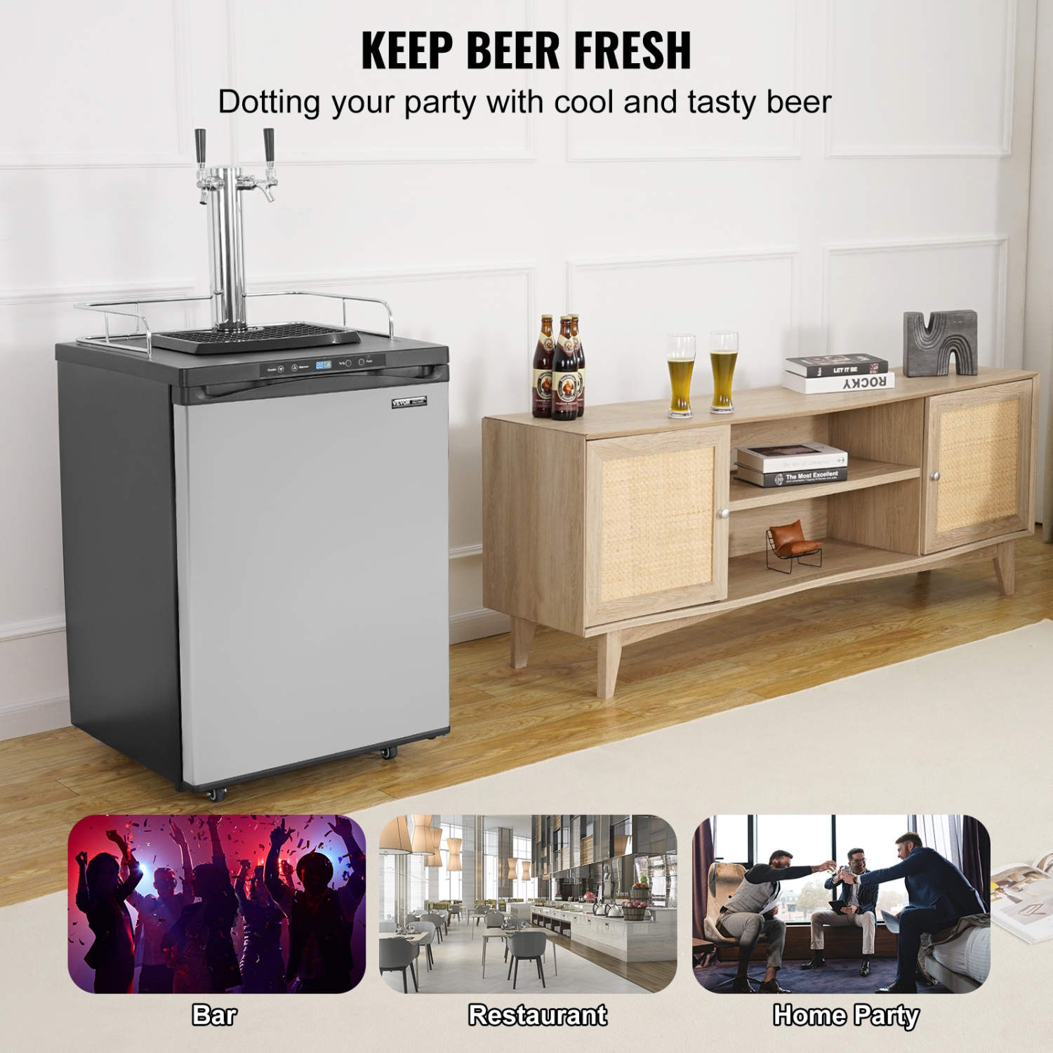 VEVOR Beer Kegerator, Dual Tap Draft Beer Dispenser, Full Size Keg Refrigerator With Shelf, CO2 Tank(No Gas), Drip Tray & Rail, 23°F- 82.4°F