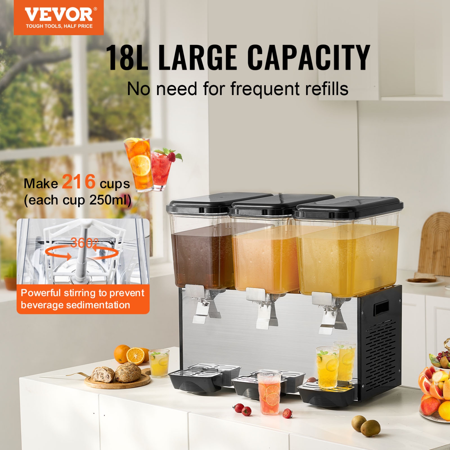 VEVOR 3 Tanks Commercial Beverage Dispenser, 18 L / 19 QT Per Tank Juice Dispenser, 512W Stainless Steel Ice Tea Drink Machine with 45°F-54°F Cooling