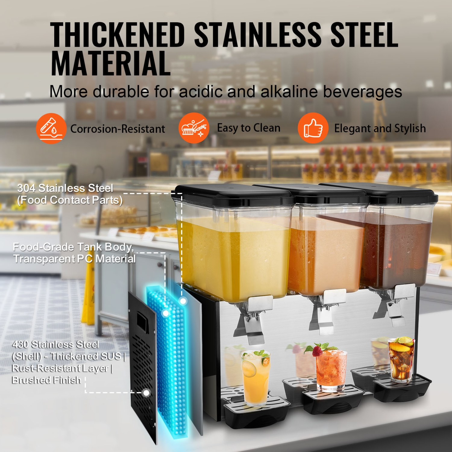 VEVOR 3 Tanks Commercial Beverage Dispenser, 18 L / 19 QT Per Tank Juice Dispenser, 512W Stainless Steel Ice Tea Drink Machine with 45°F-54°F Cooling