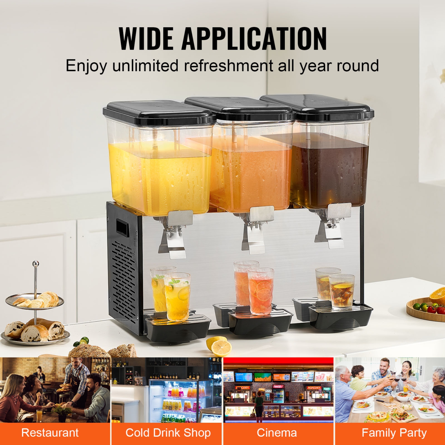 VEVOR 3 Tanks Commercial Beverage Dispenser, 18 L / 19 QT Per Tank Juice Dispenser, 512W Stainless Steel Ice Tea Drink Machine with 45°F-54°F Cooling