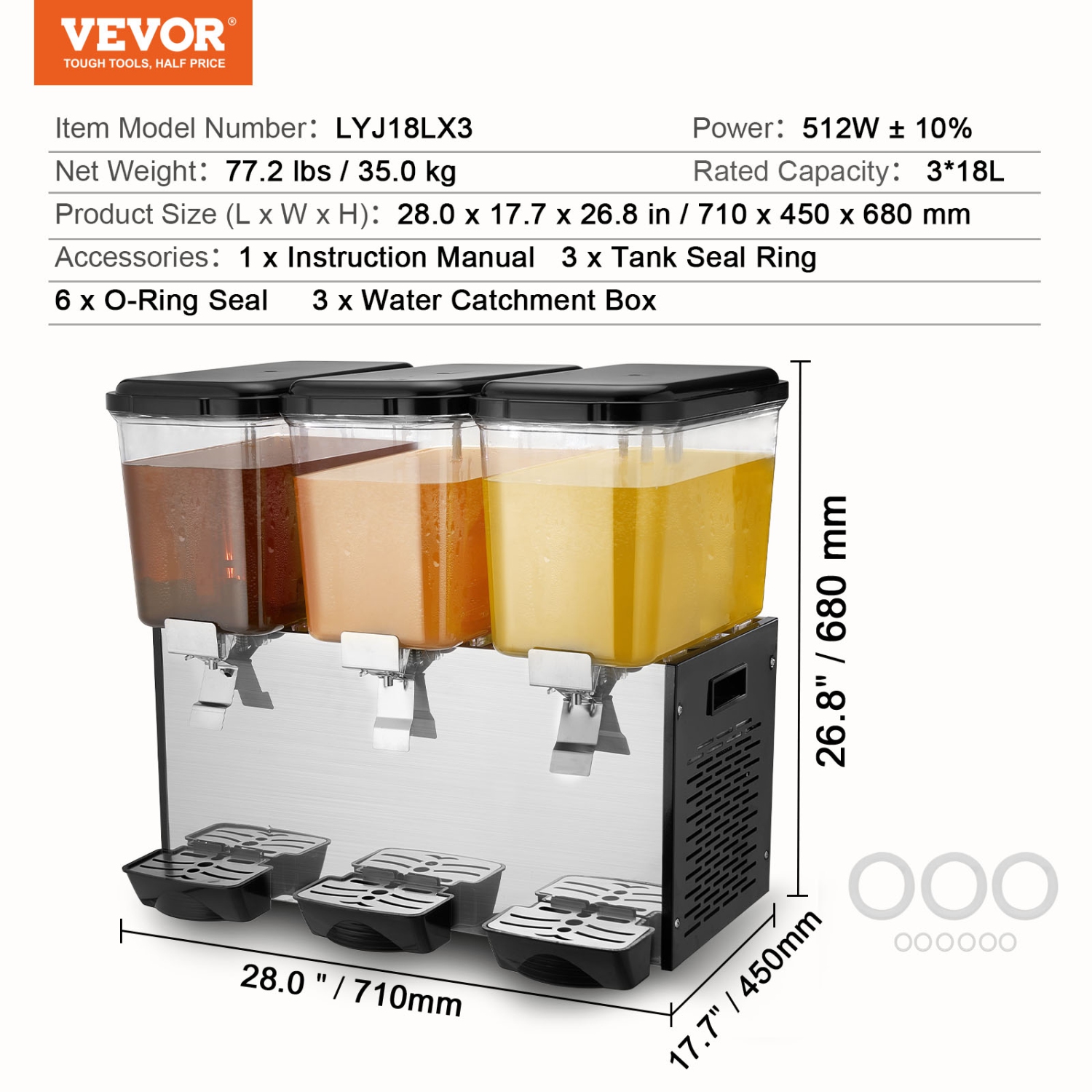 VEVOR 3 Tanks Commercial Beverage Dispenser, 18 L / 19 QT Per Tank Juice Dispenser, 512W Stainless Steel Ice Tea Drink Machine with 45°F-54°F Cooling