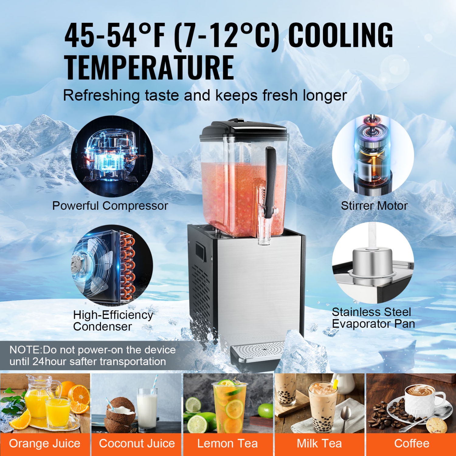 VEVOR 12 L / 12.7 QT Commercial Beverage Dispenser, Juice Dispenser, 246W 304 Stainless Steel Food Grade Ice Tea Drink Machine with 45°F-54°F Cooling
