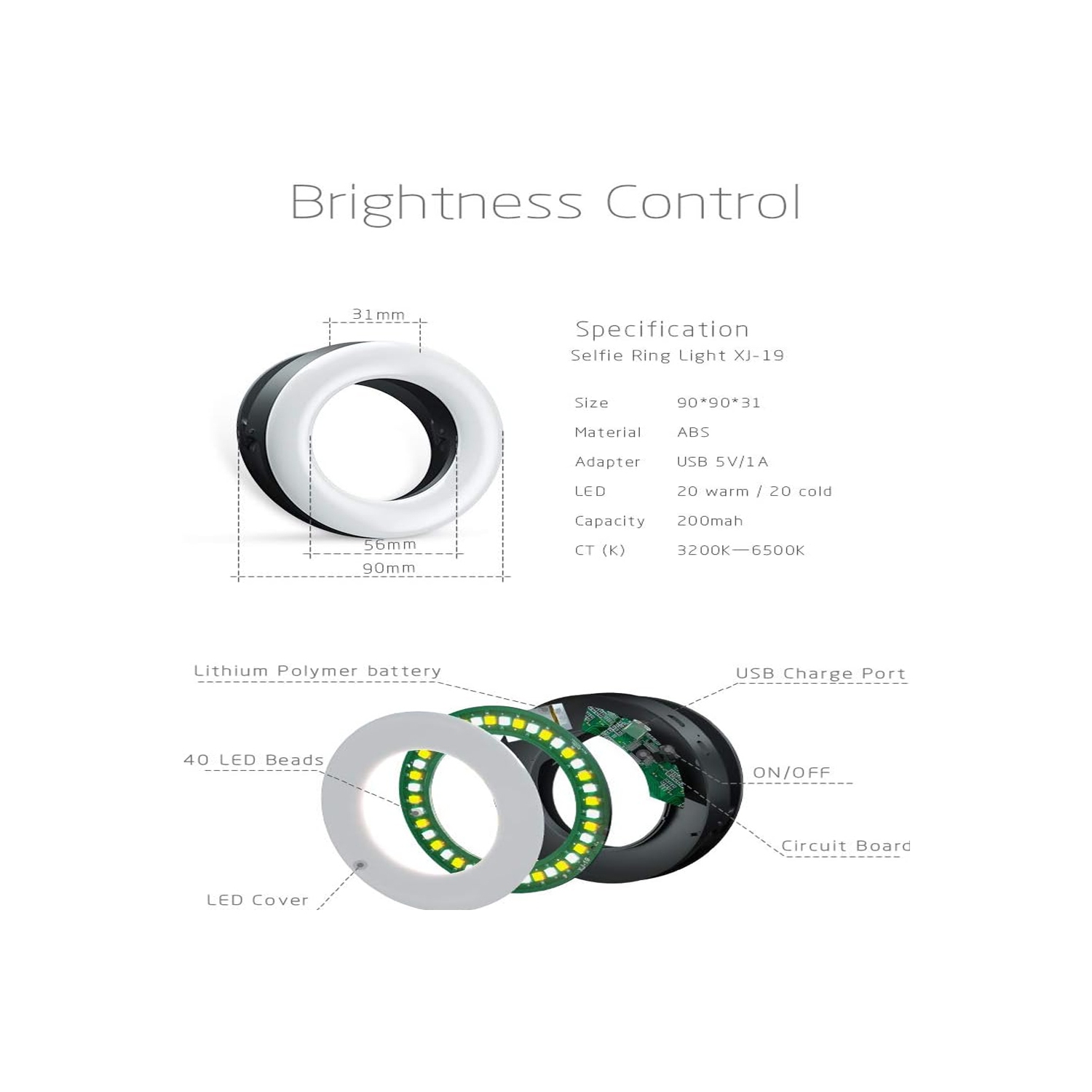 Selfie Ring Light Rechargeable Portable Clip-on Selfie Fill Light with 40 LED for Smart Phone Photography, Camera Video, Girl Makes up