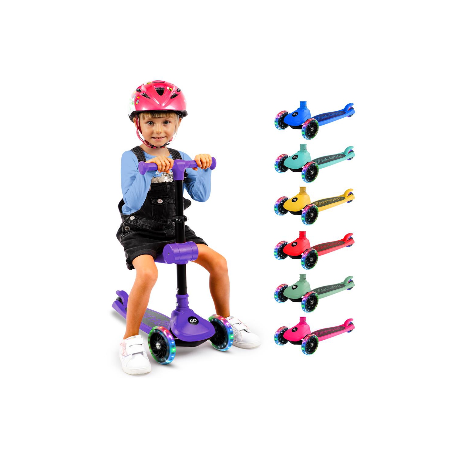 SereneLife 3 Wheel Foldable Kids Scooter - Foldable Seat, LED Wheel Lights, Adjustable Handlebar, Rear Foot Brake, Lean-to-Steer, Anti-Slip Deck,