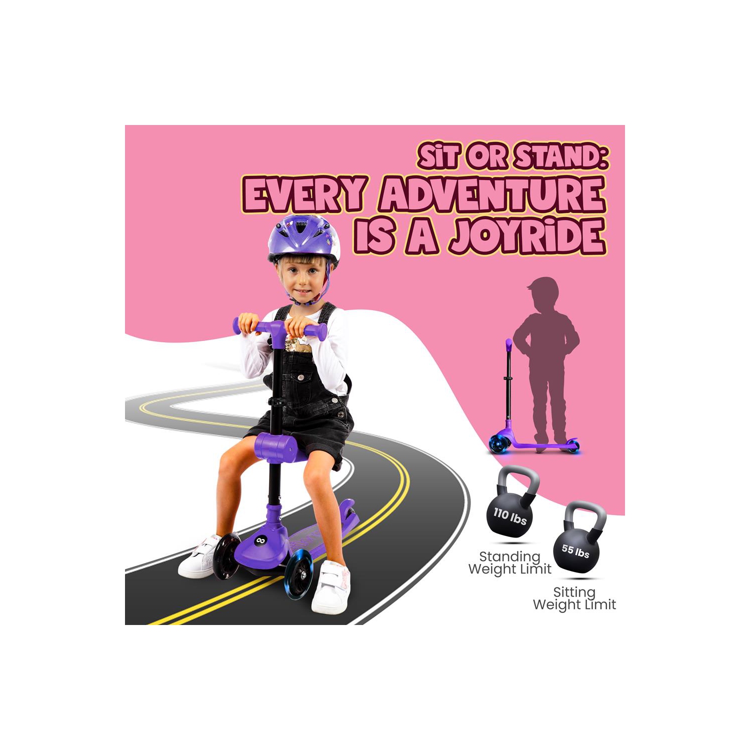 SereneLife 3 Wheel Foldable Kids Scooter - Foldable Seat, LED Wheel Lights, Adjustable Handlebar, Rear Foot Brake, Lean-to-Steer, Anti-Slip Deck,