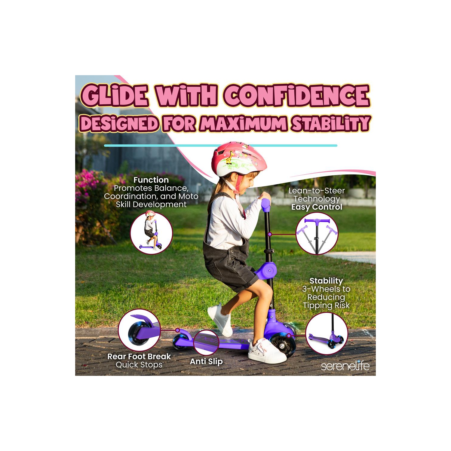 SereneLife 3 Wheel Foldable Kids Scooter - Foldable Seat, LED Wheel Lights, Adjustable Handlebar, Rear Foot Brake, Lean-to-Steer, Anti-Slip Deck,