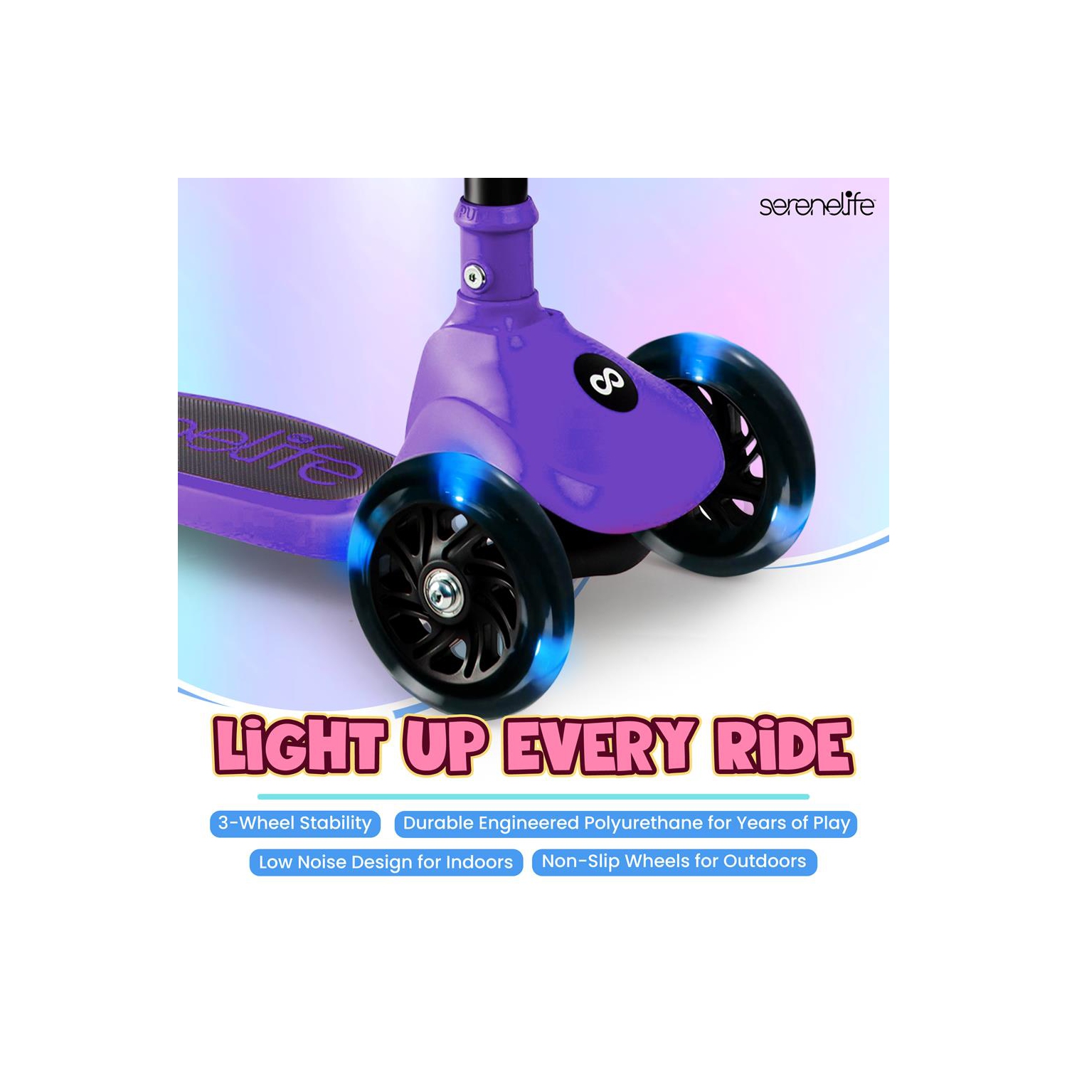 SereneLife 3 Wheel Foldable Kids Scooter - Foldable Seat, LED Wheel Lights, Adjustable Handlebar, Rear Foot Brake, Lean-to-Steer, Anti-Slip Deck,