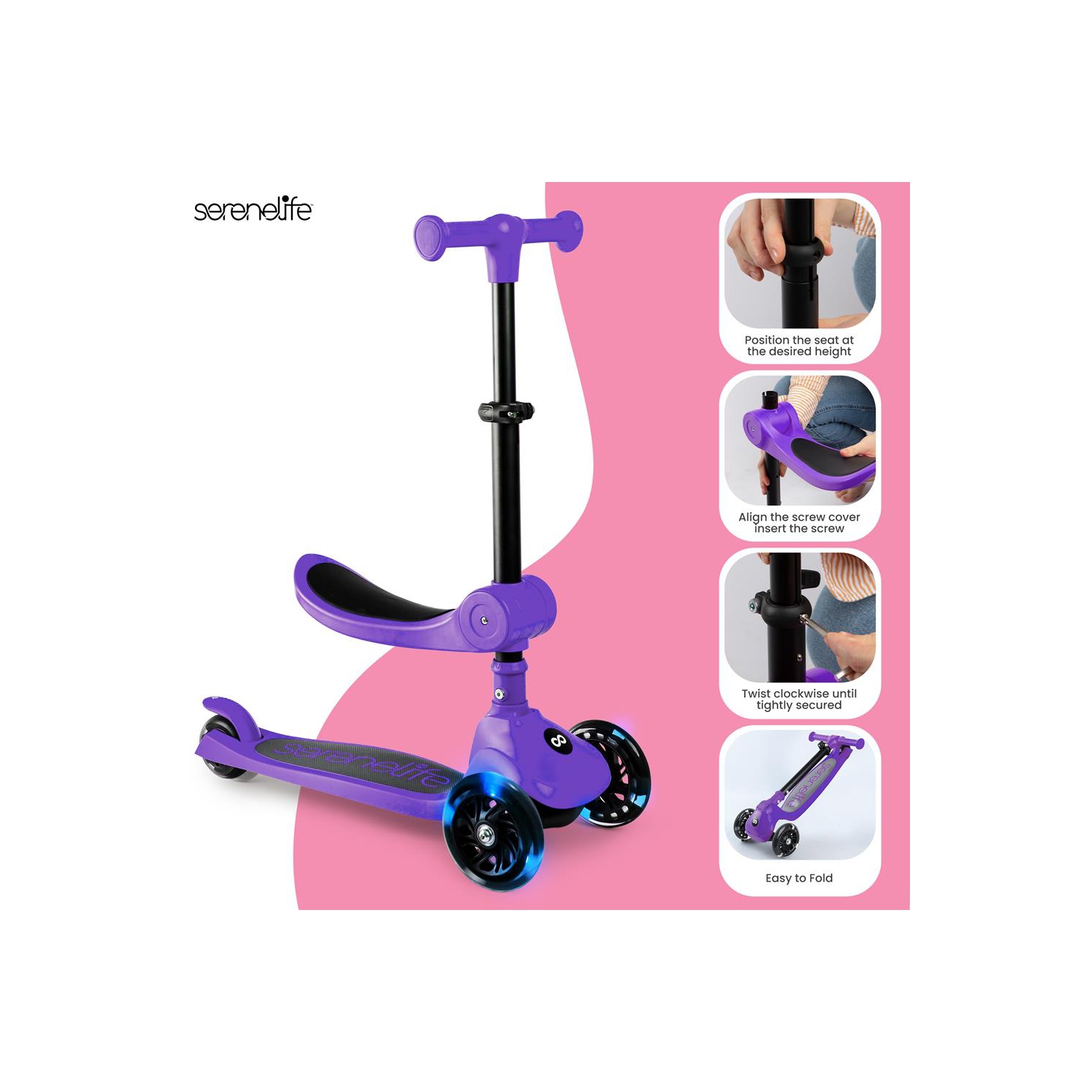 SereneLife 3 Wheel Foldable Kids Scooter - Foldable Seat, LED Wheel Lights, Adjustable Handlebar, Rear Foot Brake, Lean-to-Steer, Anti-Slip Deck,