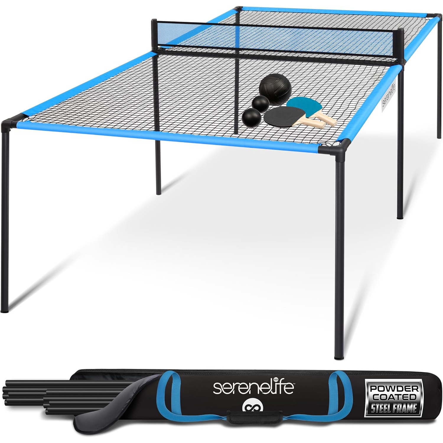 SereneLife Trampoline Ping Pong Table - Heavy Duty Powder Coated Steel Frame and Connectors - Full Size 94" - Hand Pong Game Table with Paddles,