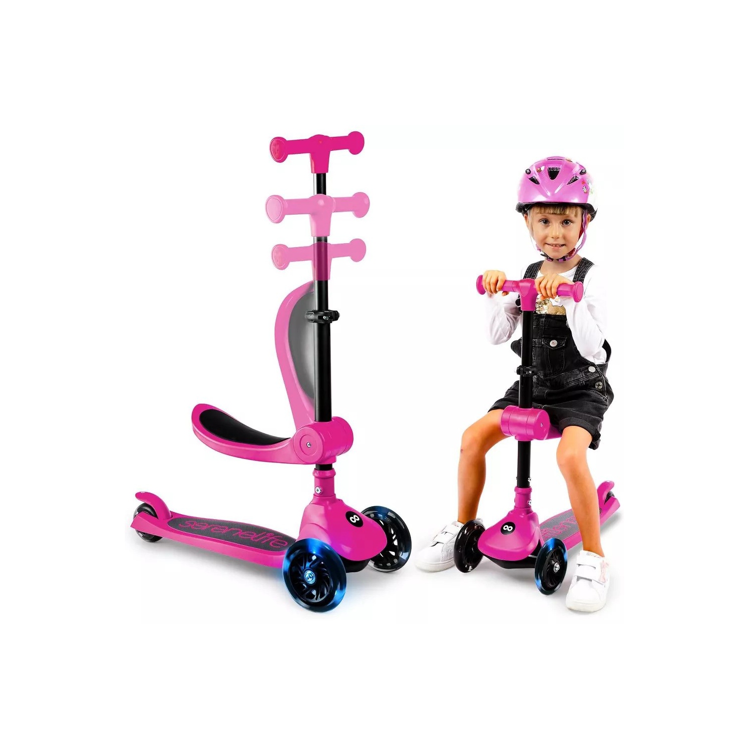 SereneLife 3 Wheel Foldable Kids Scooter - Foldable Seat, LED Wheel Lights, Adjustable Handlebar, Rear Foot Brake, Lean-to-Steer, Anti-Slip Deck,