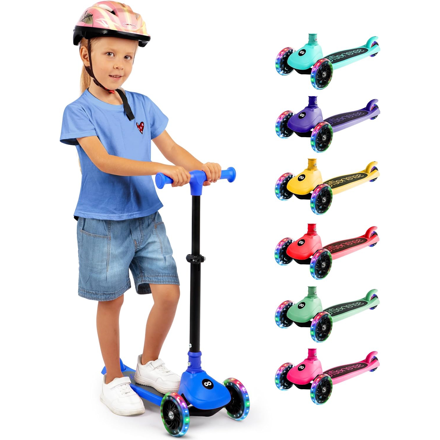 SereneLife 3 Wheel Foldable Kids Scooter - , LED Wheel Lights, Adjustable Handlebar, Rear Foot Brake, Lean-to-Steer, Anti-Slip Deck, Ideal for