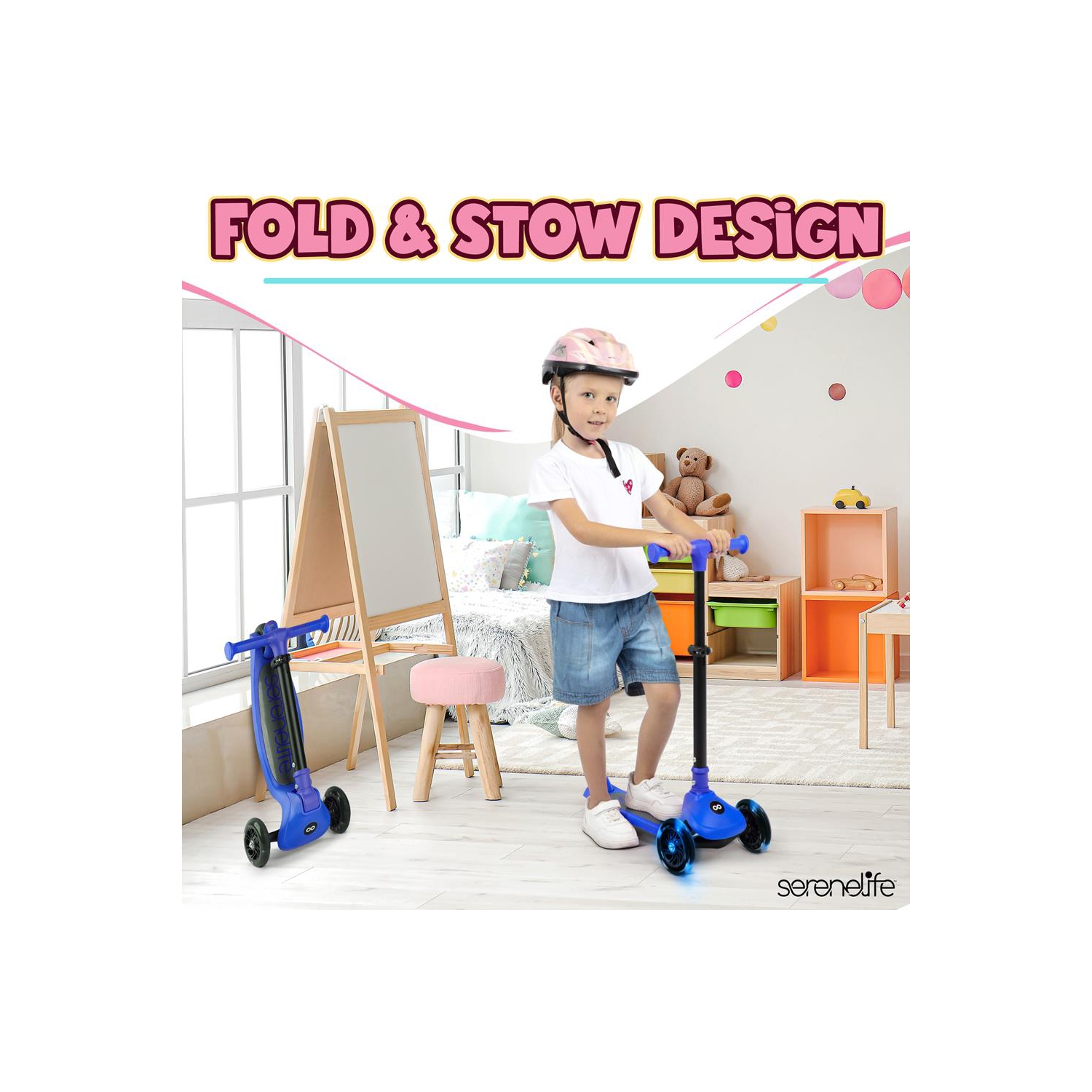 SereneLife 3 Wheel Foldable Kids Scooter - , LED Wheel Lights, Adjustable Handlebar, Rear Foot Brake, Lean-to-Steer, Anti-Slip Deck, Ideal for
