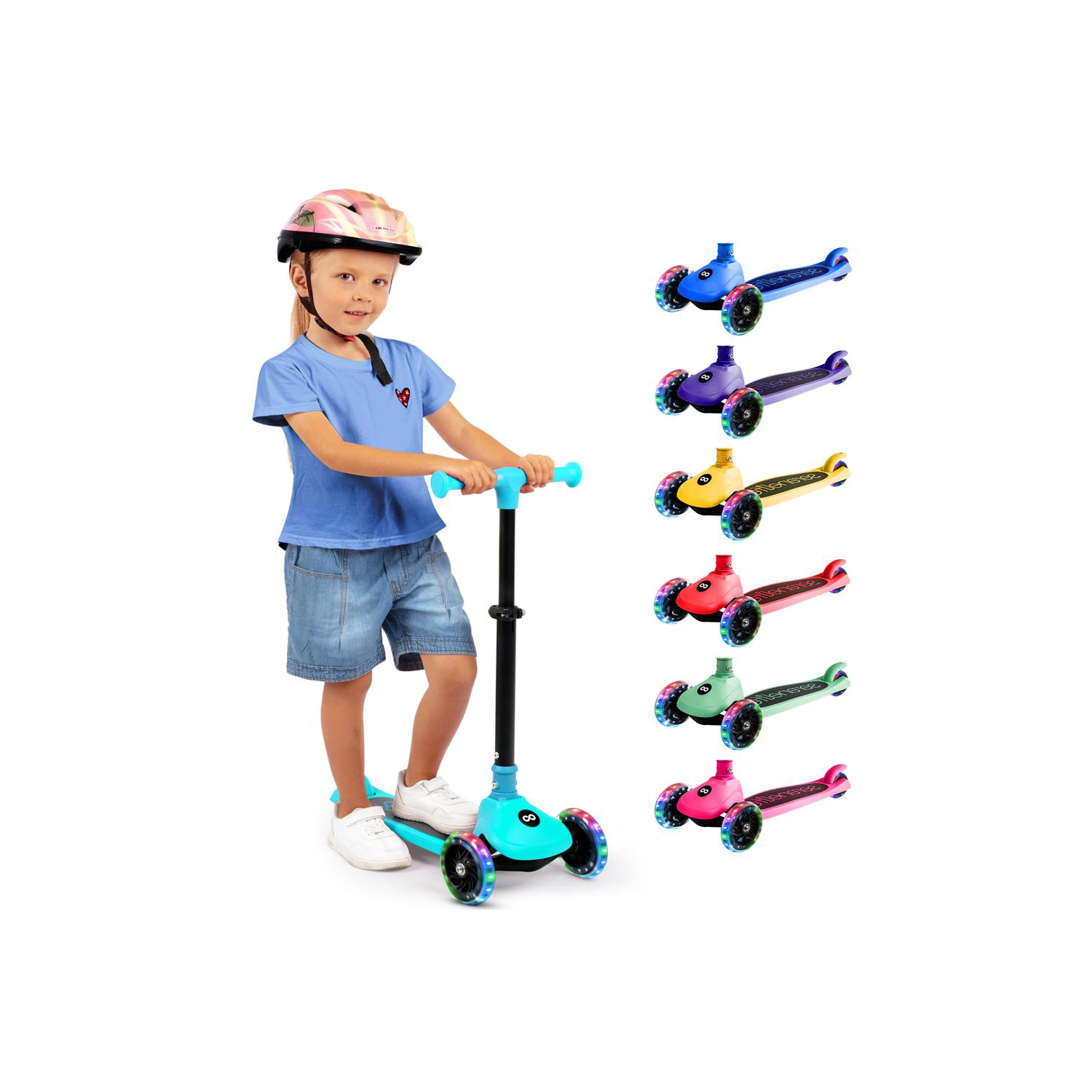 SereneLife 3 Wheel Foldable Kids Scooter - LED Wheel Lights, Adjustable Handlebar, Rear Foot Brake, Lean-to-Steer, Anti-Slip Deck, Ideal for Toddlers