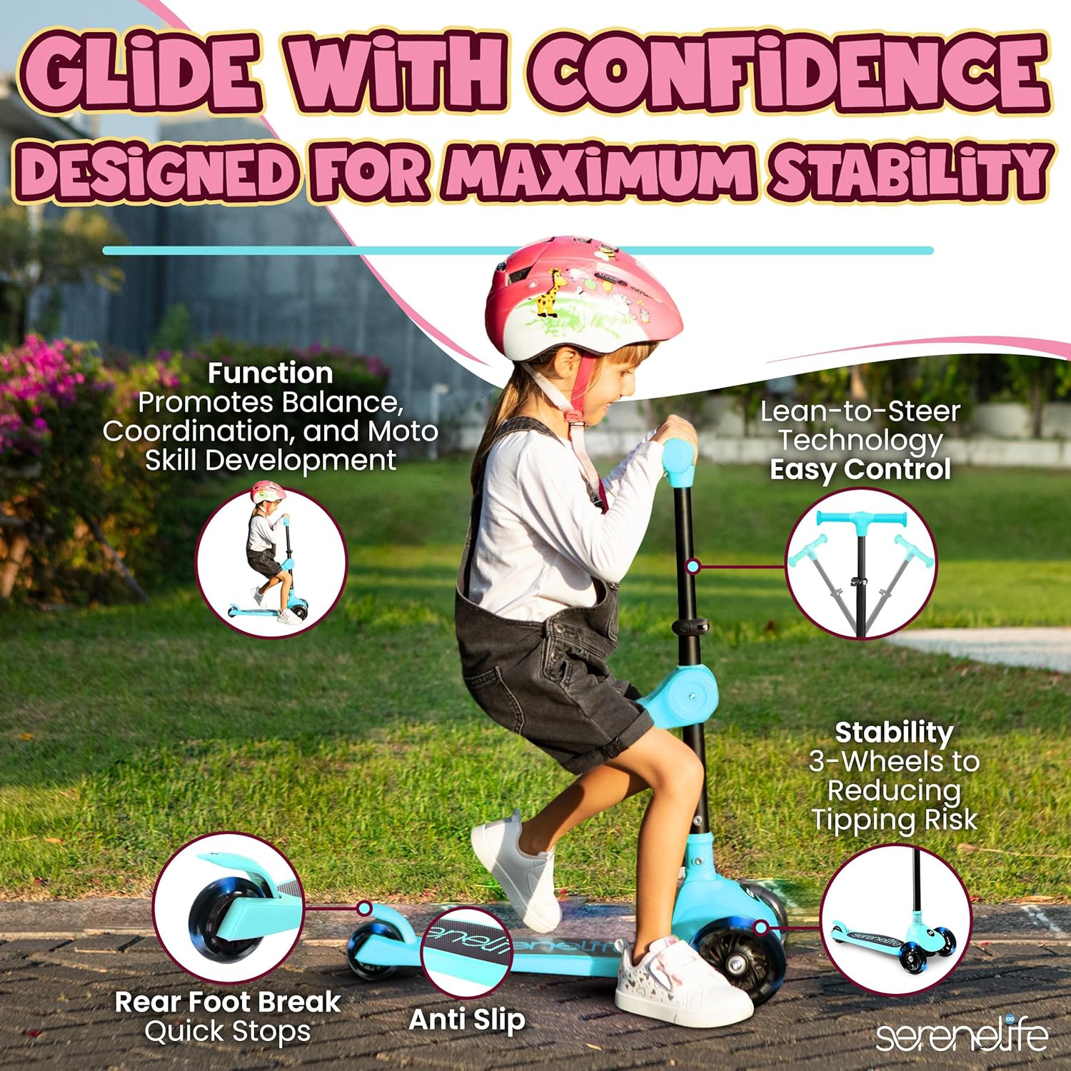 SereneLife 3 Wheel Foldable Kids Scooter - LED Wheel Lights, Adjustable Handlebar, Rear Foot Brake, Lean-to-Steer, Anti-Slip Deck, Ideal for Toddlers