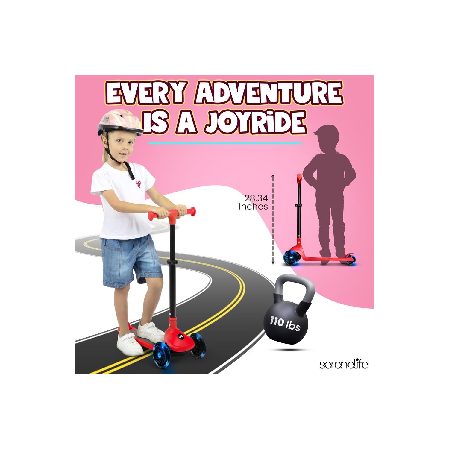 SereneLife 3 Wheel Foldable Kids Scooter - Foldable Seat, LED Wheel Lights, Adjustable Handlebar, Rear Foot Brake, Lean-to-Steer, Anti-Slip Deck,