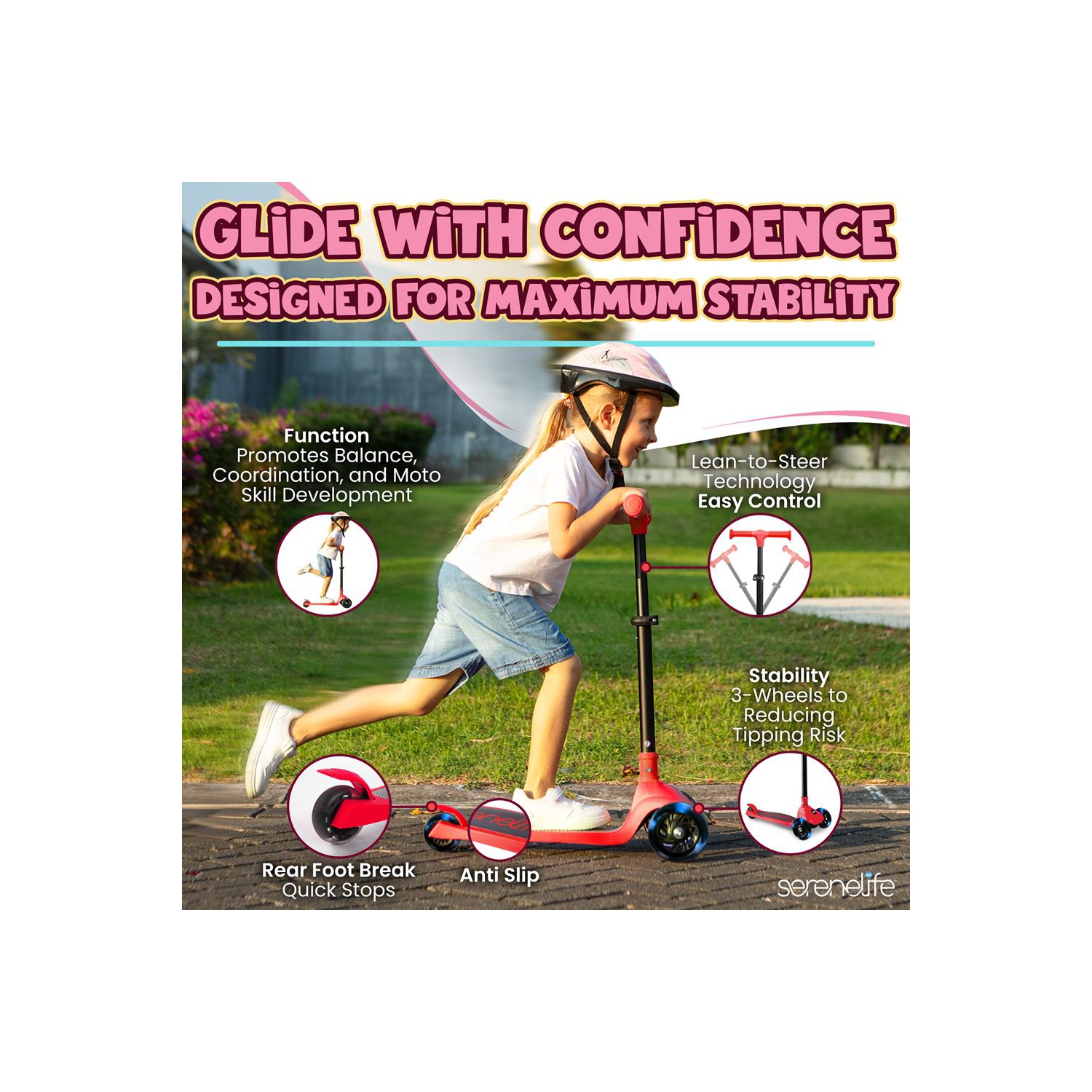 SereneLife 3 Wheel Foldable Kids Scooter - Foldable Seat, LED Wheel Lights, Adjustable Handlebar, Rear Foot Brake, Lean-to-Steer, Anti-Slip Deck,