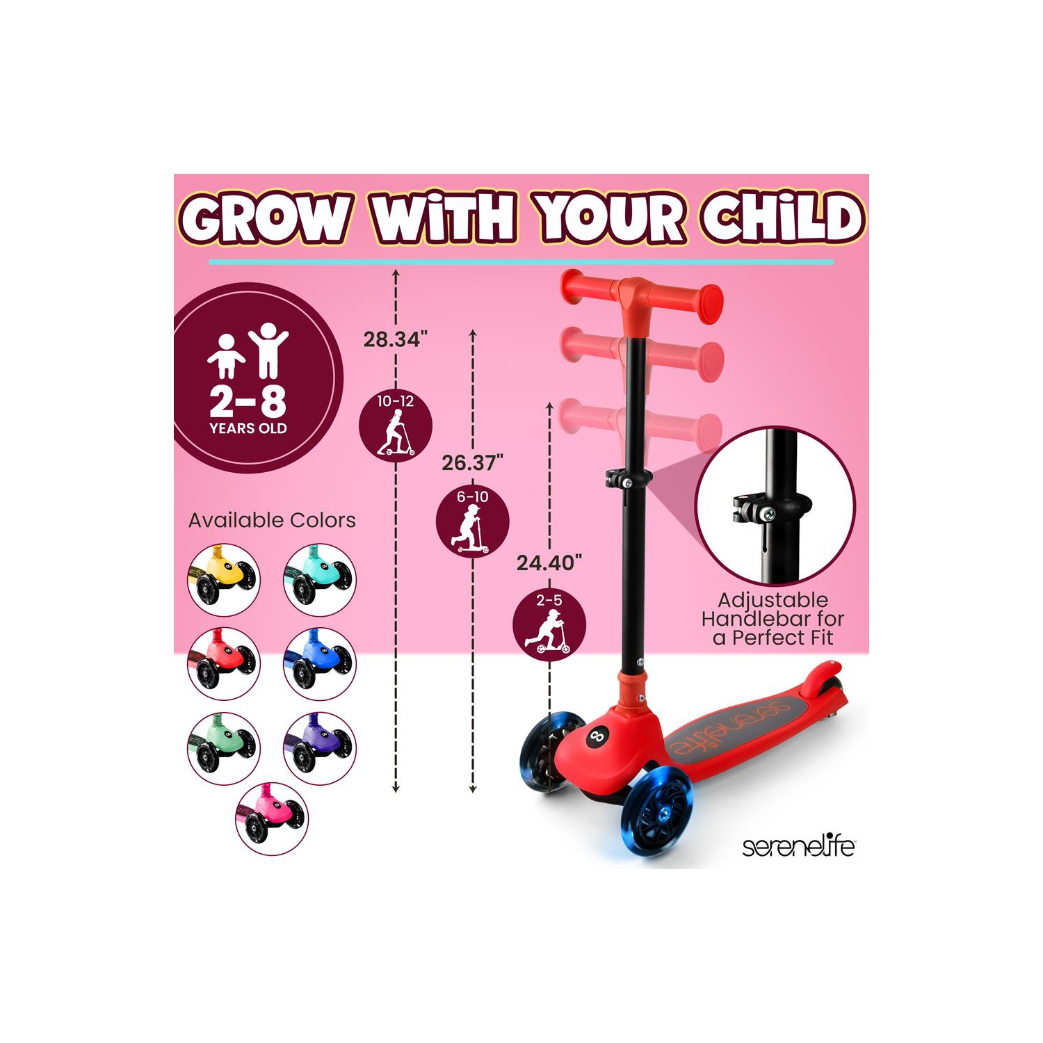 SereneLife 3 Wheel Foldable Kids Scooter - Foldable Seat, LED Wheel Lights, Adjustable Handlebar, Rear Foot Brake, Lean-to-Steer, Anti-Slip Deck,