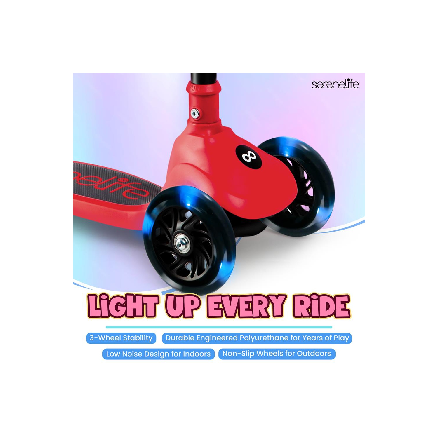 SereneLife 3 Wheel Foldable Kids Scooter - Foldable Seat, LED Wheel Lights, Adjustable Handlebar, Rear Foot Brake, Lean-to-Steer, Anti-Slip Deck,