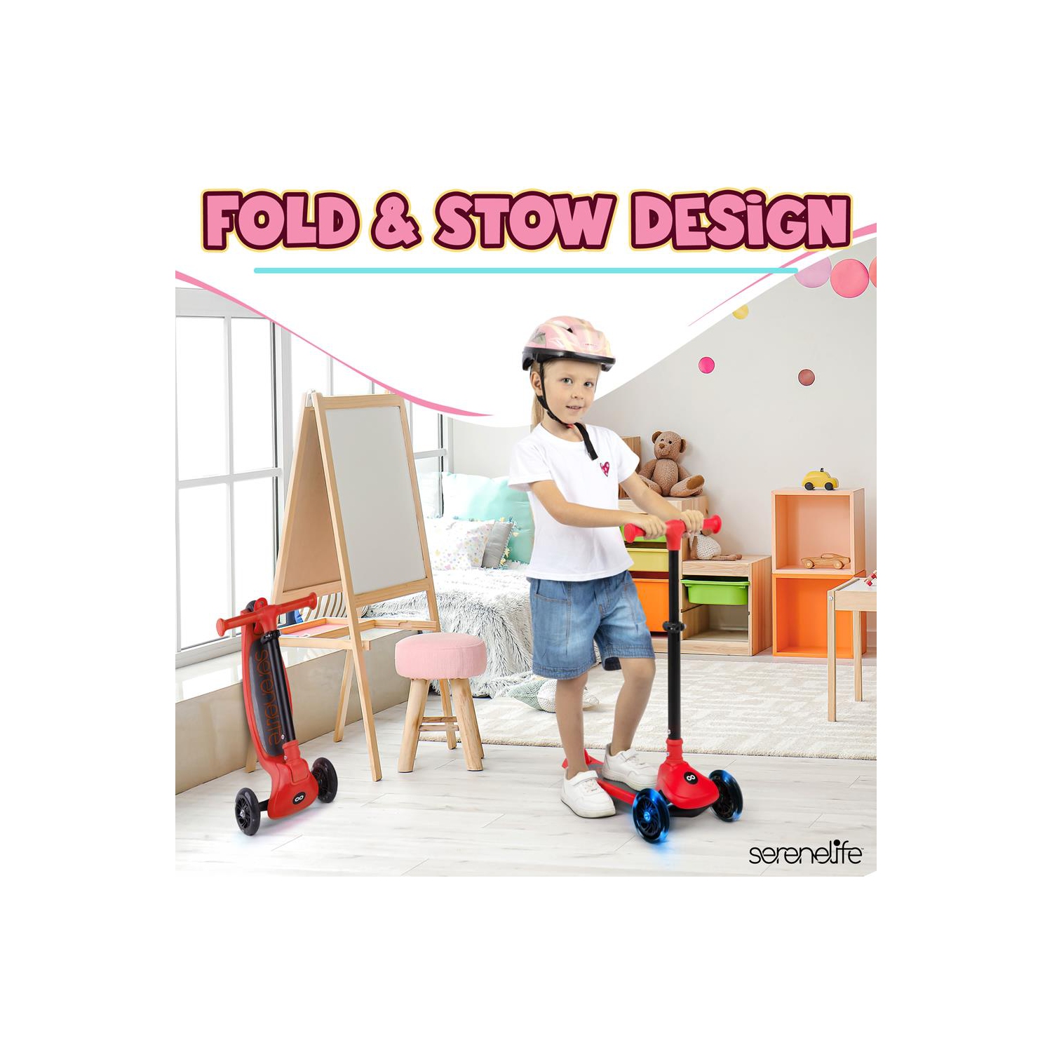 SereneLife 3 Wheel Foldable Kids Scooter - Foldable Seat, LED Wheel Lights, Adjustable Handlebar, Rear Foot Brake, Lean-to-Steer, Anti-Slip Deck,