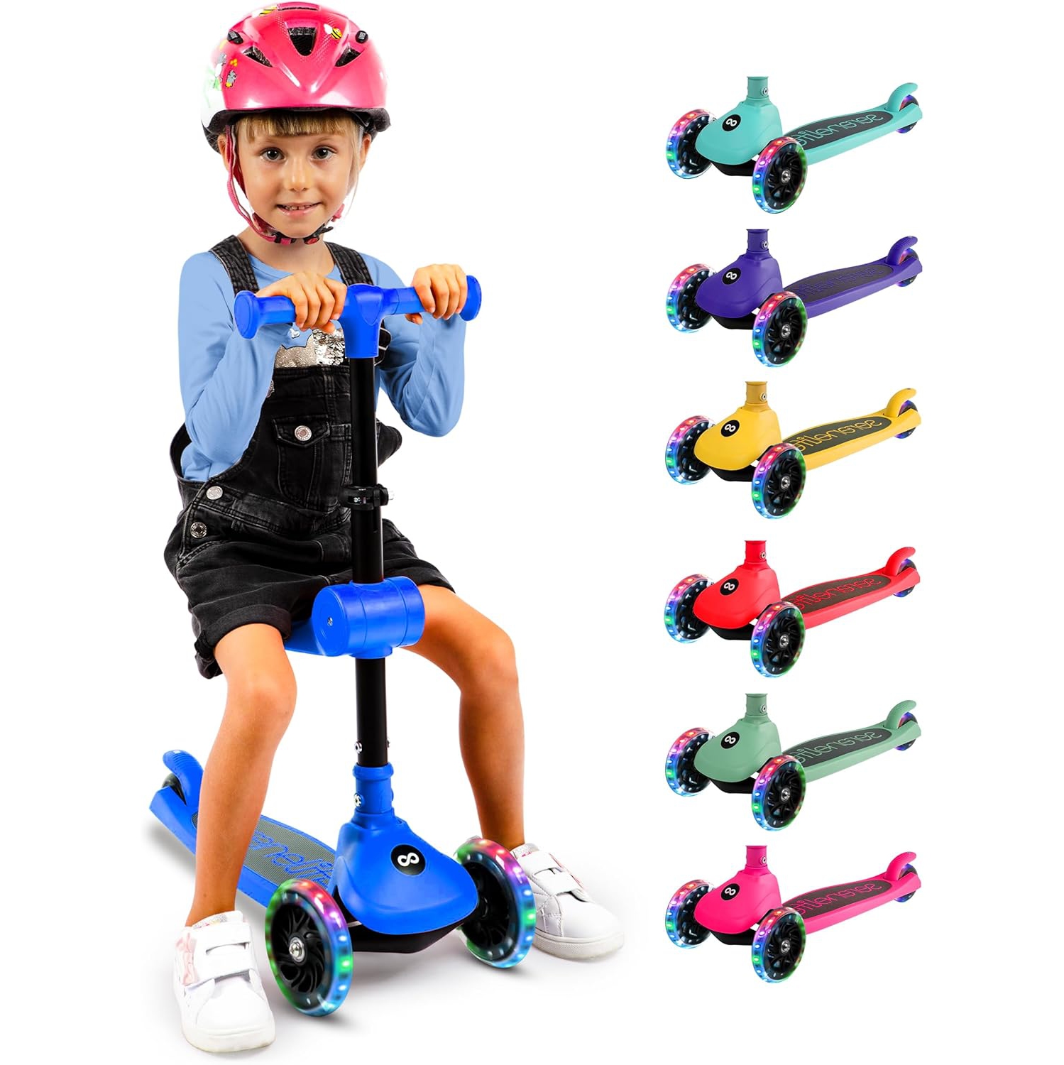 SereneLife 3 Wheel Foldable Kids Scooter - Foldable Seat, LED Wheel Lights, Adjustable Handlebar, Rear Foot Brake, Lean-to-Steer, Anti-Slip Deck,