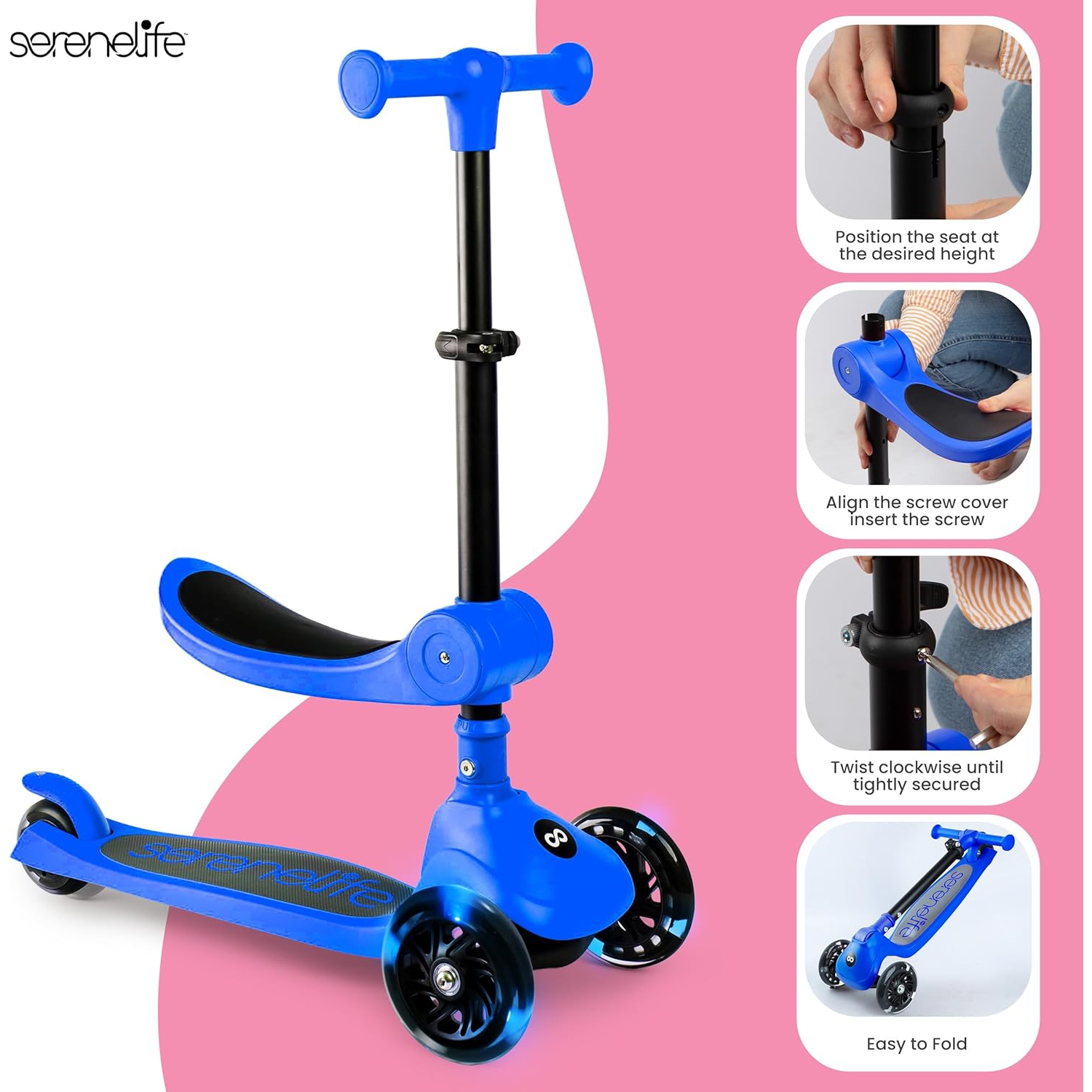 SereneLife 3 Wheel Foldable Kids Scooter - Foldable Seat, LED Wheel Lights, Adjustable Handlebar, Rear Foot Brake, Lean-to-Steer, Anti-Slip Deck,