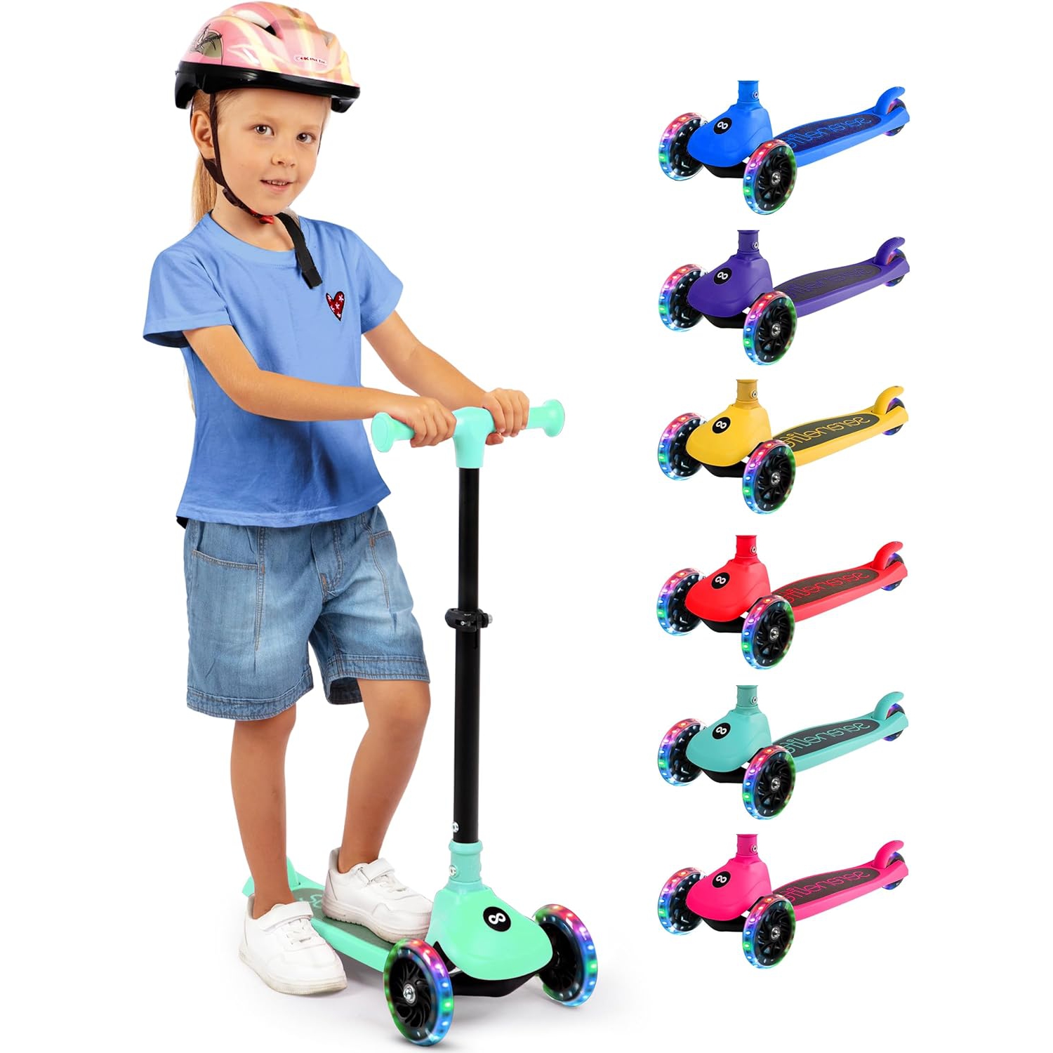 SereneLife 3 Wheel Foldable Kids Scooter -LED Wheel Lights, Adjustable Handlebar, Rear Foot Brake, Lean-to-Steer, Anti-Slip Deck, Ideal for Toddlers