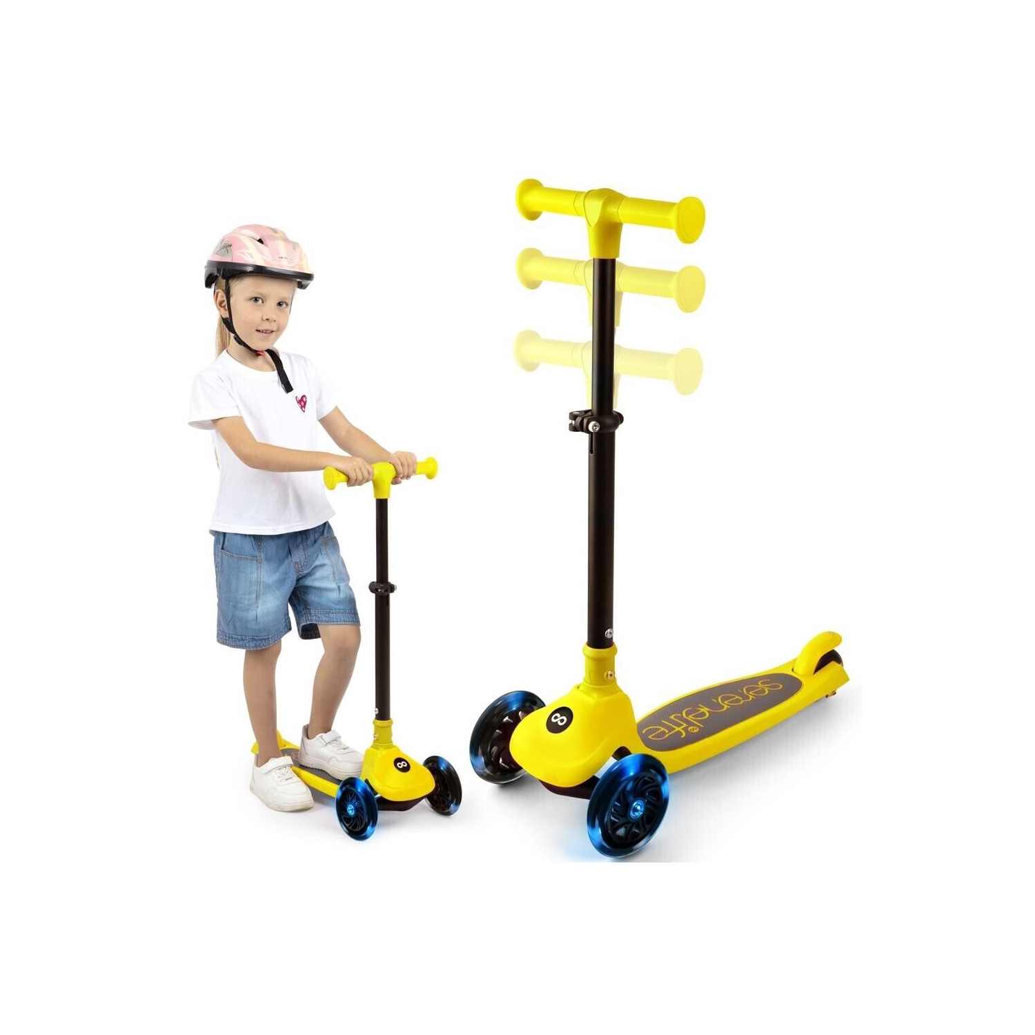 SereneLife 3 Wheel Foldable Kids Scooter - LED Wheel Lights, Adjustable Handlebar, Rear Foot Brake, Lean-to-Steer, Anti-Slip Deck, Ideal for Toddlers