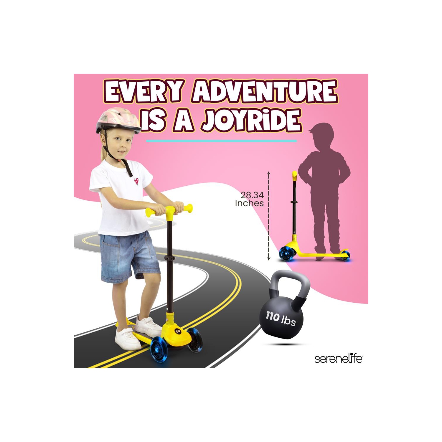 SereneLife 3 Wheel Foldable Kids Scooter - LED Wheel Lights, Adjustable Handlebar, Rear Foot Brake, Lean-to-Steer, Anti-Slip Deck, Ideal for Toddlers