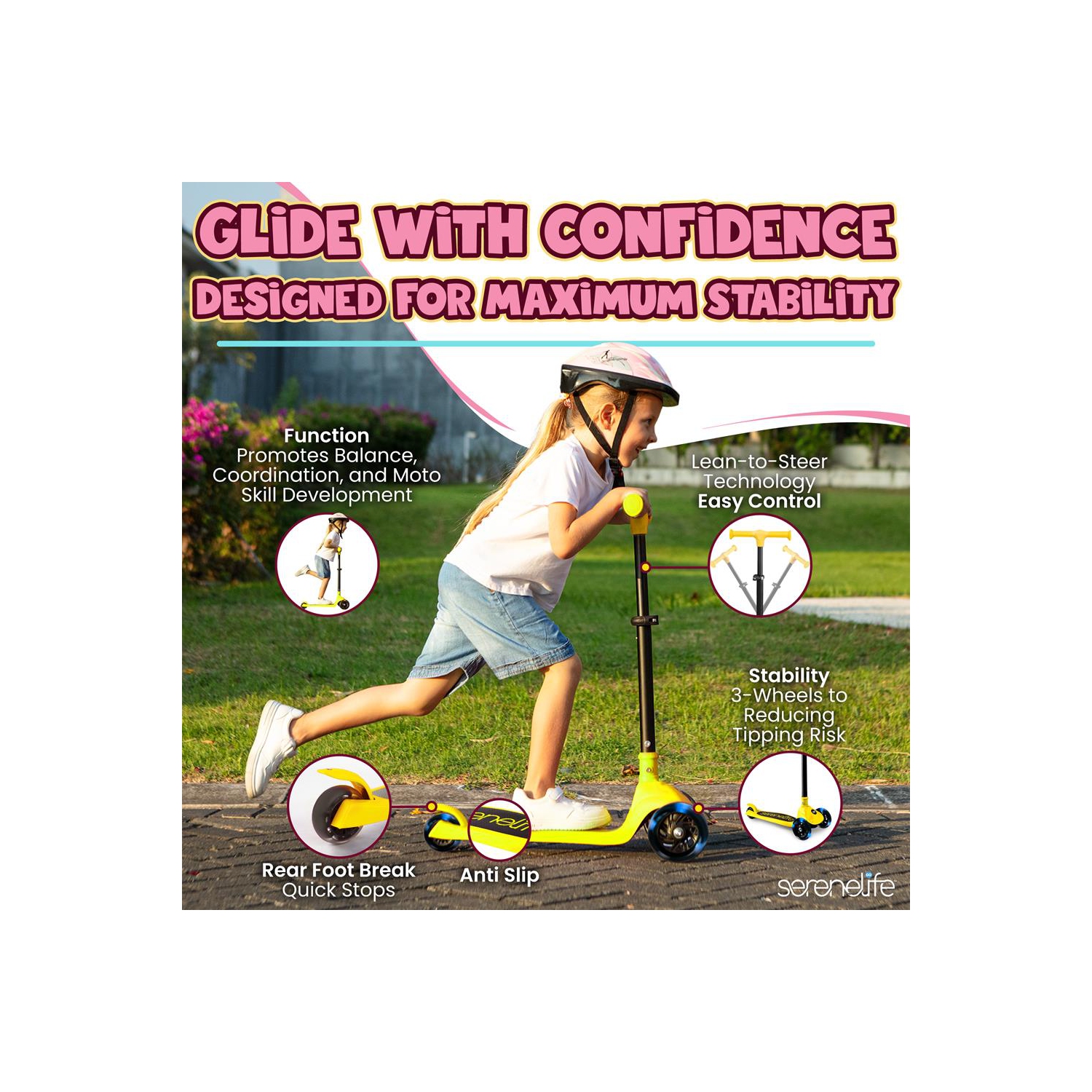 SereneLife 3 Wheel Foldable Kids Scooter - LED Wheel Lights, Adjustable Handlebar, Rear Foot Brake, Lean-to-Steer, Anti-Slip Deck, Ideal for Toddlers