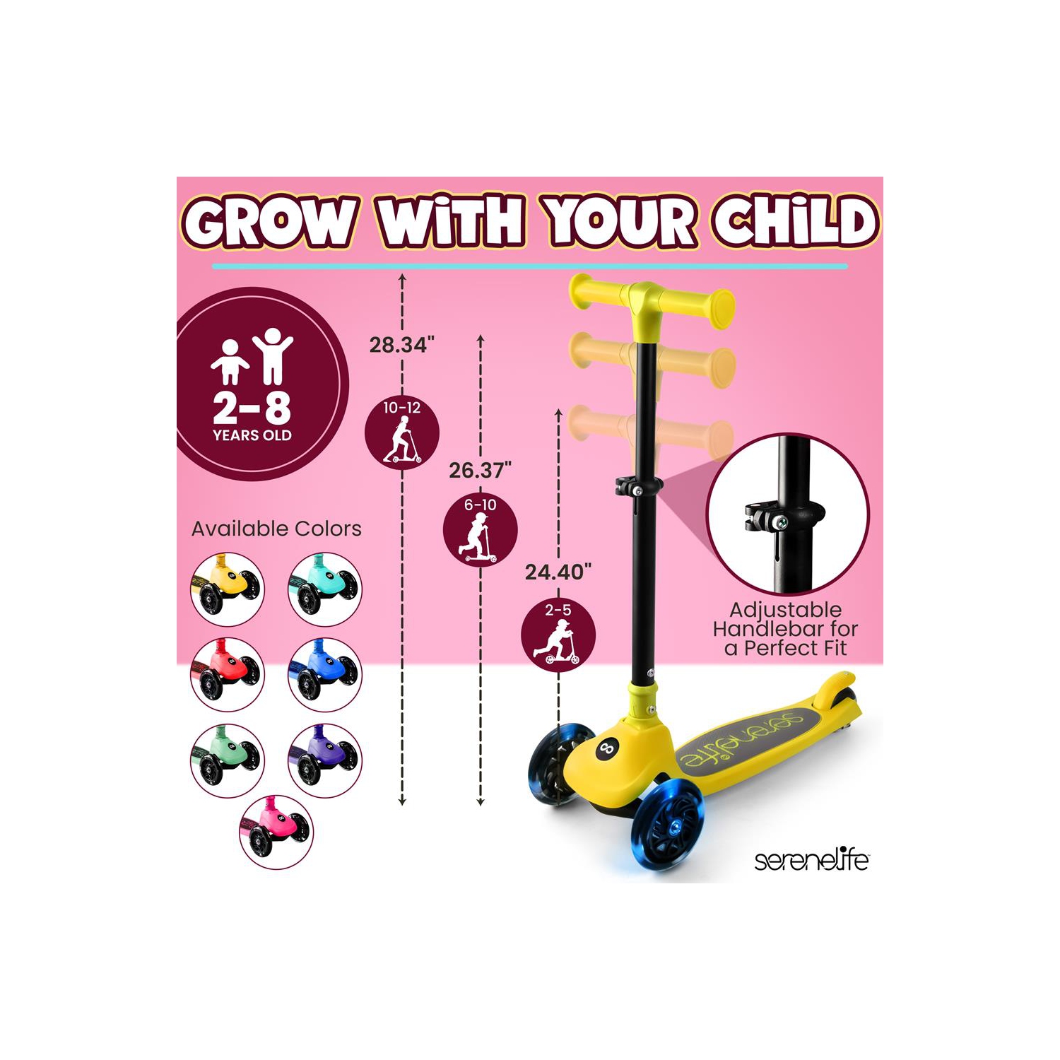 SereneLife 3 Wheel Foldable Kids Scooter - LED Wheel Lights, Adjustable Handlebar, Rear Foot Brake, Lean-to-Steer, Anti-Slip Deck, Ideal for Toddlers