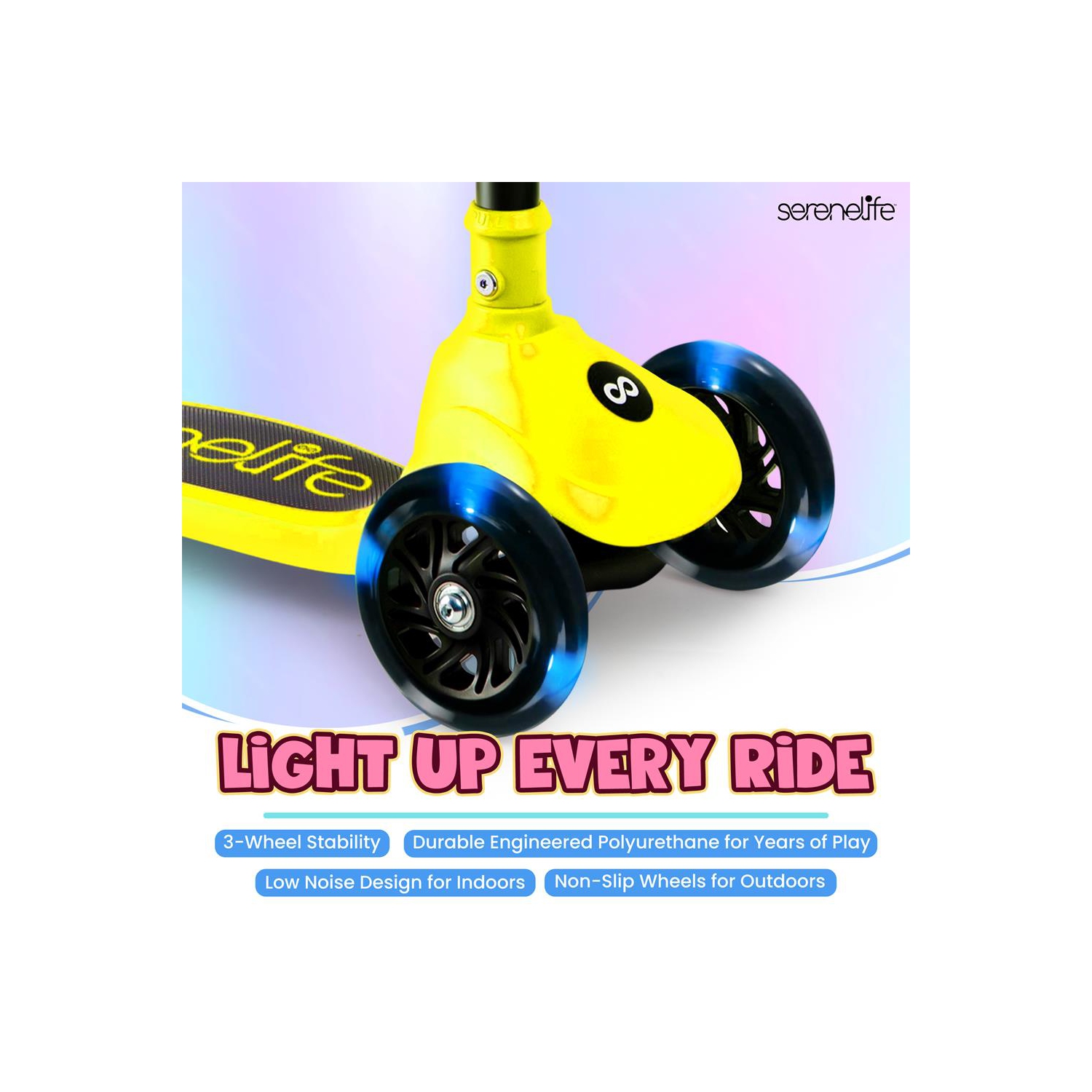 SereneLife 3 Wheel Foldable Kids Scooter - LED Wheel Lights, Adjustable Handlebar, Rear Foot Brake, Lean-to-Steer, Anti-Slip Deck, Ideal for Toddlers