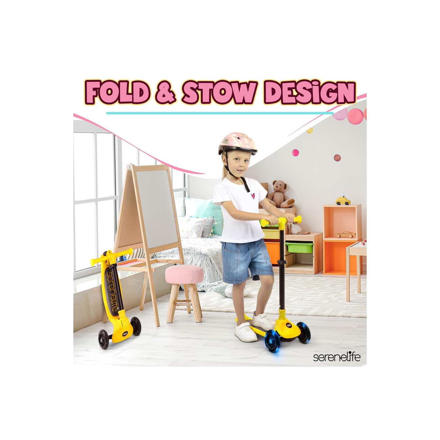 SereneLife 3 Wheel Foldable Kids Scooter - LED Wheel Lights, Adjustable Handlebar, Rear Foot Brake, Lean-to-Steer, Anti-Slip Deck, Ideal for Toddlers