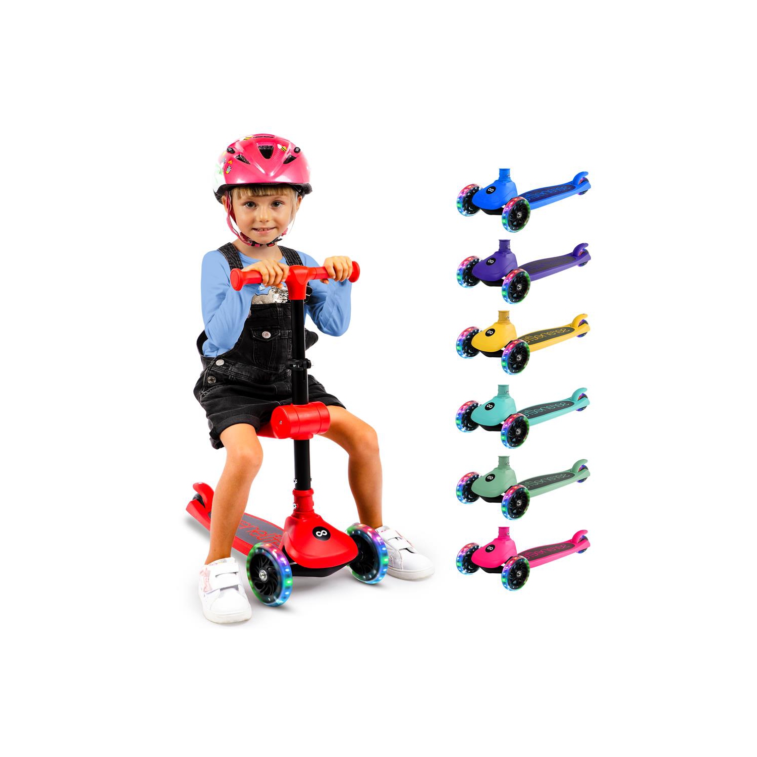 SereneLife 3 Wheel Foldable Kids Scooter, Foldable seat- LED Wheel Lights, Adjustable Handlebar, Rear Foot Brake, Lean-to-Steer, Anti-Slip Deck,