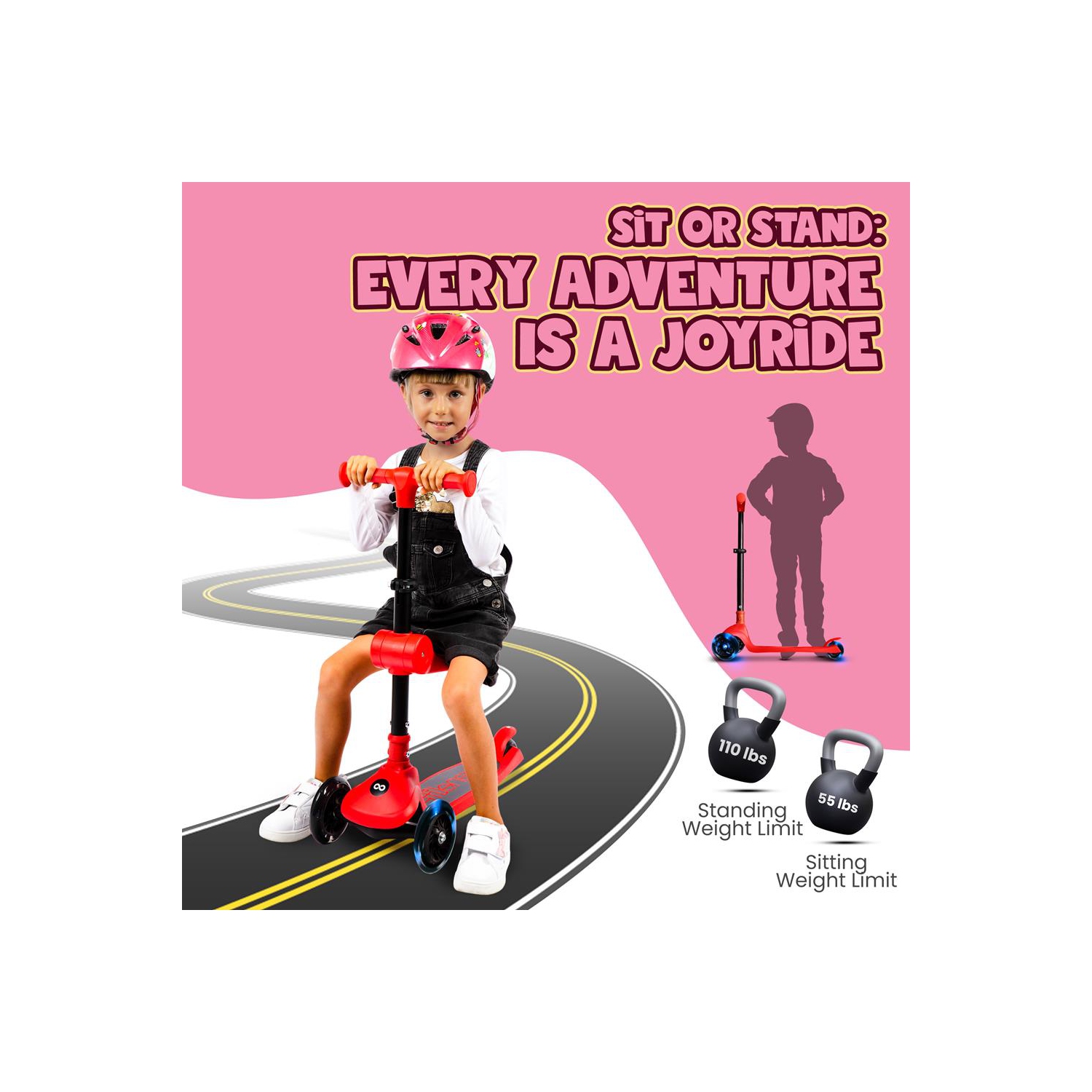 SereneLife 3 Wheel Foldable Kids Scooter, Foldable seat- LED Wheel Lights, Adjustable Handlebar, Rear Foot Brake, Lean-to-Steer, Anti-Slip Deck,